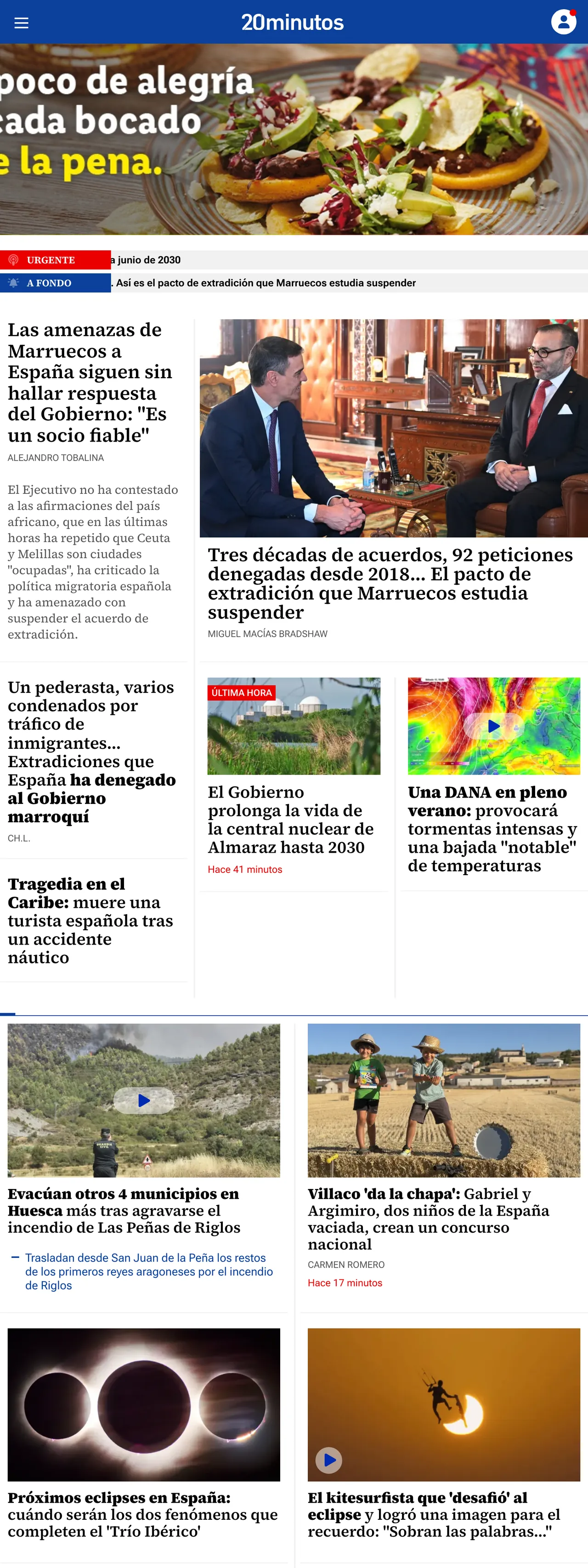 Screenshot of the 20minutos front page