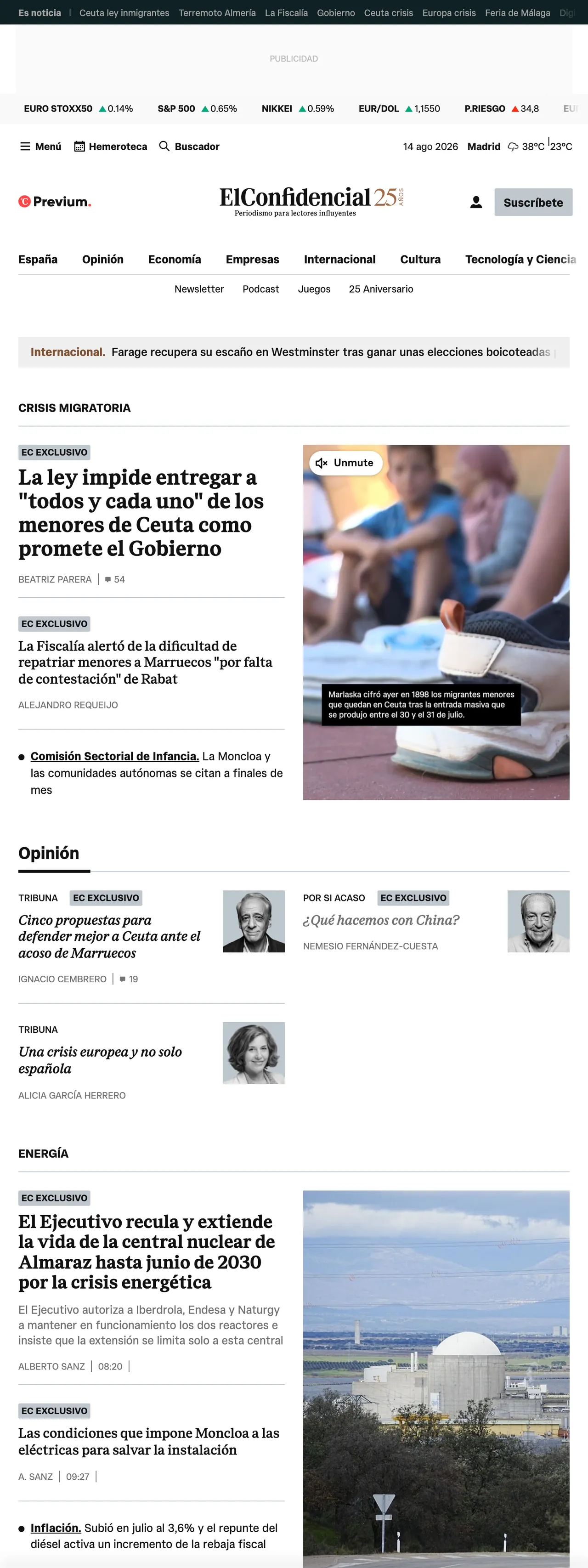 Screenshot of the El Confidencial front page