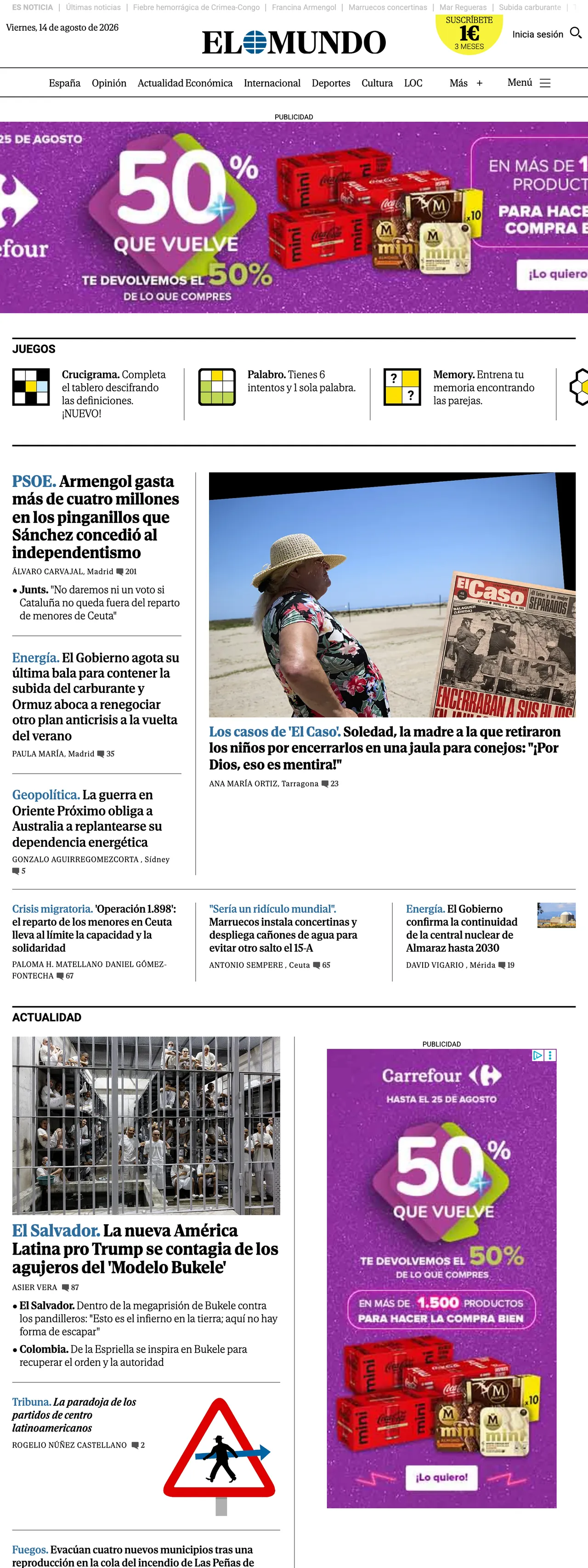 Screenshot of the El Mundo front page