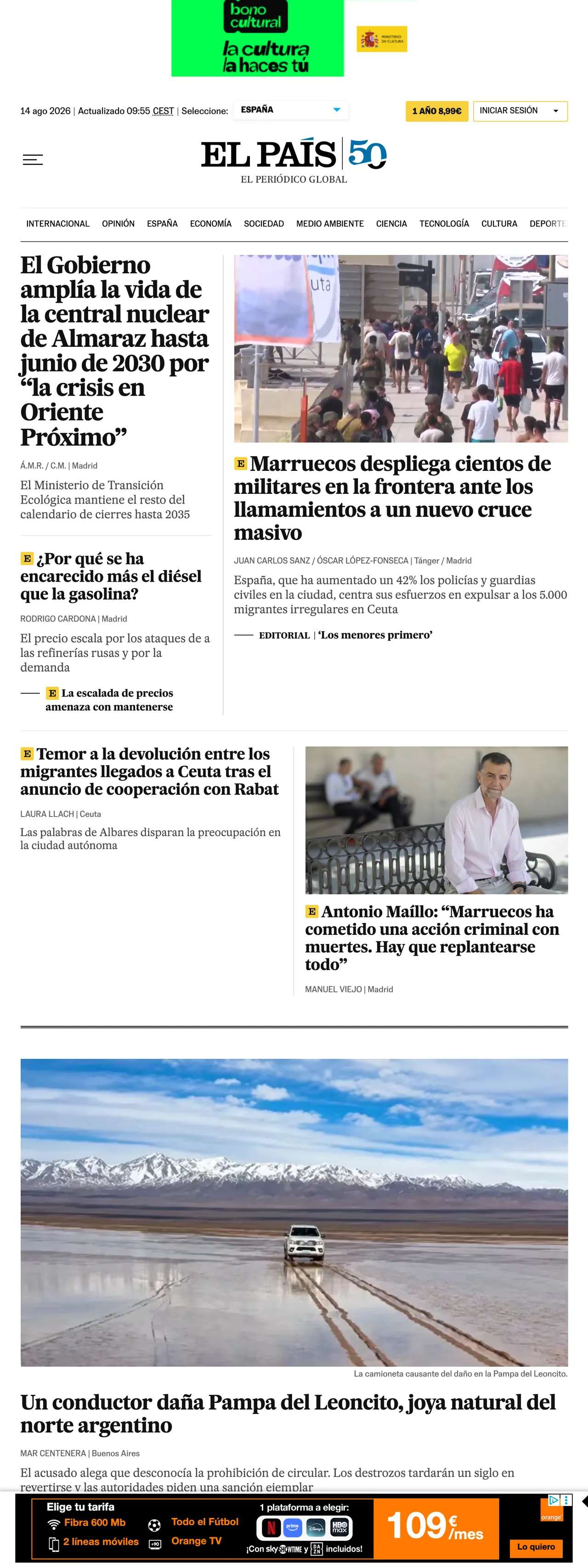 Screenshot of the EL PAÍS front page