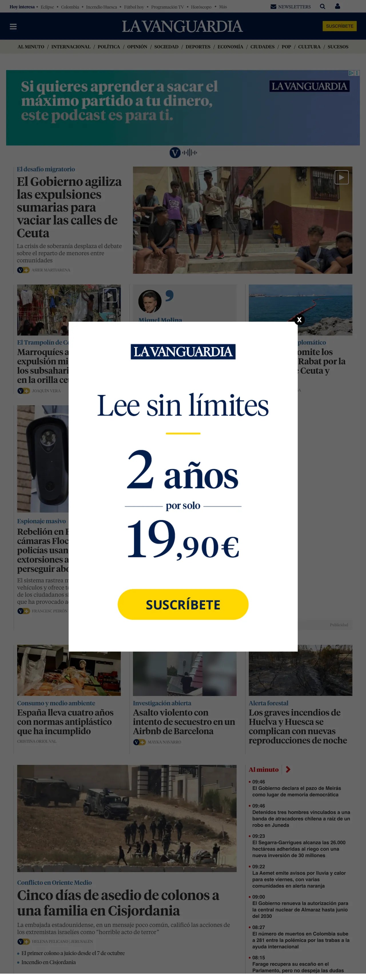 Screenshot of the La Vanguardia front page