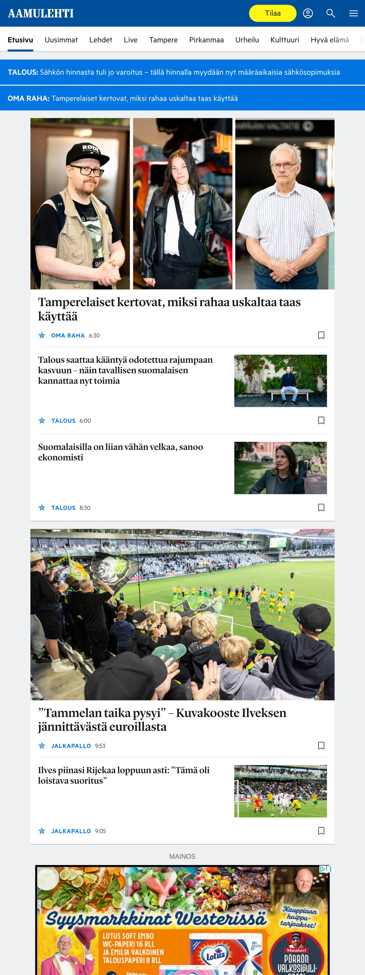 Screenshot of the Aamulehti front page