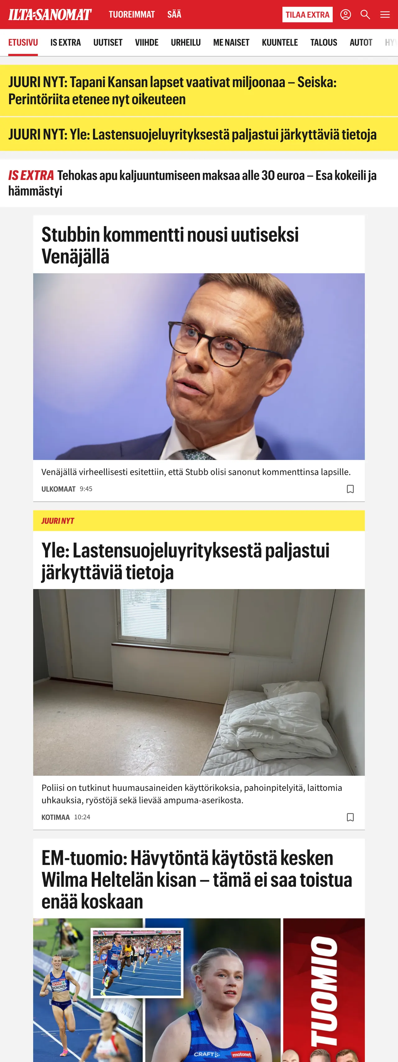 Screenshot of the Ilta-Sanomat front page