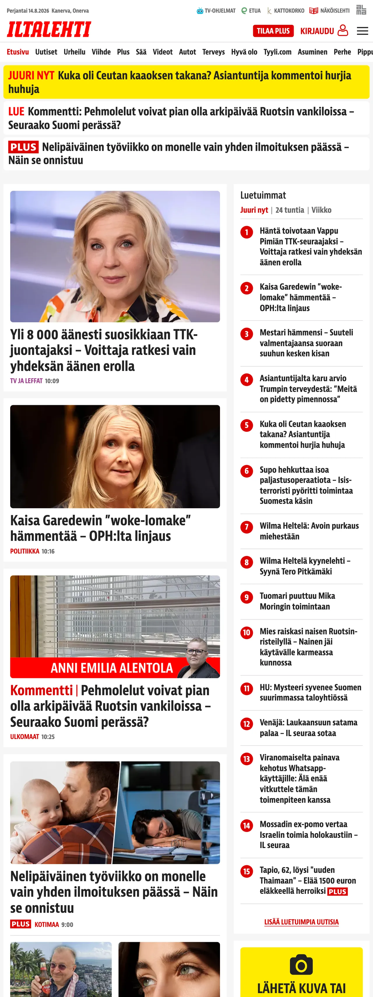 Screenshot of the Iltalehti front page