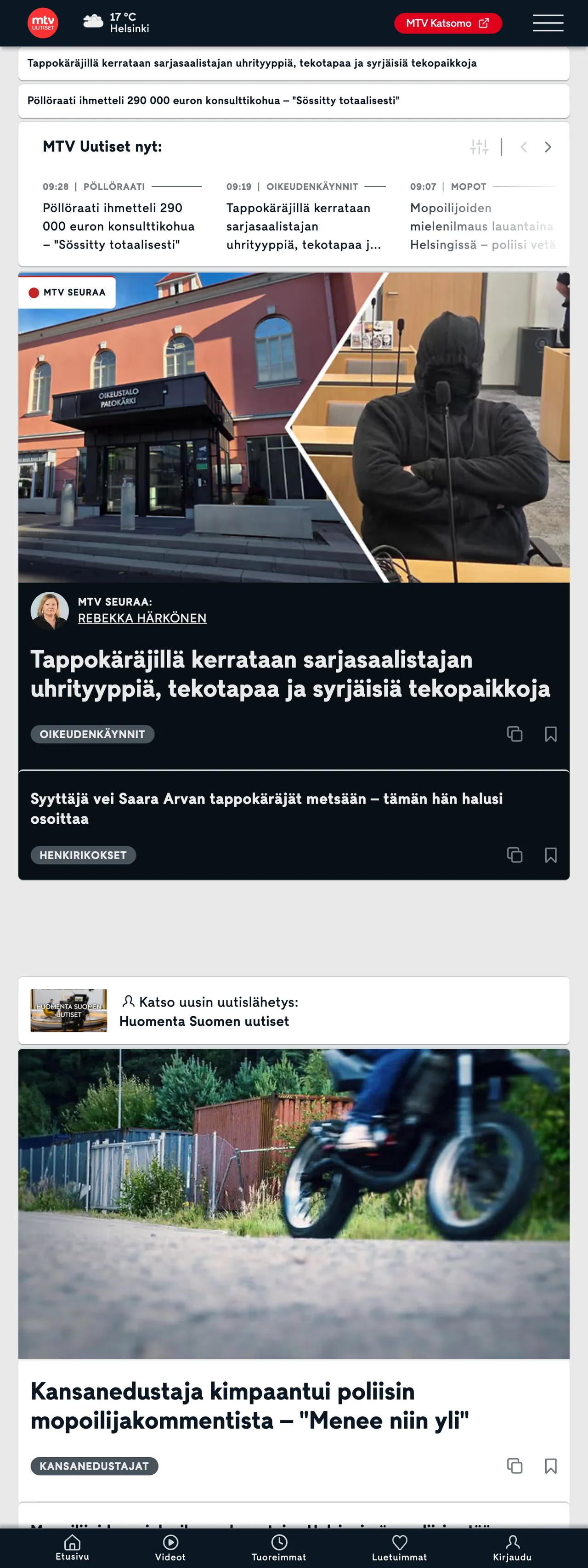 Screenshot of the MTV Uutiset front page