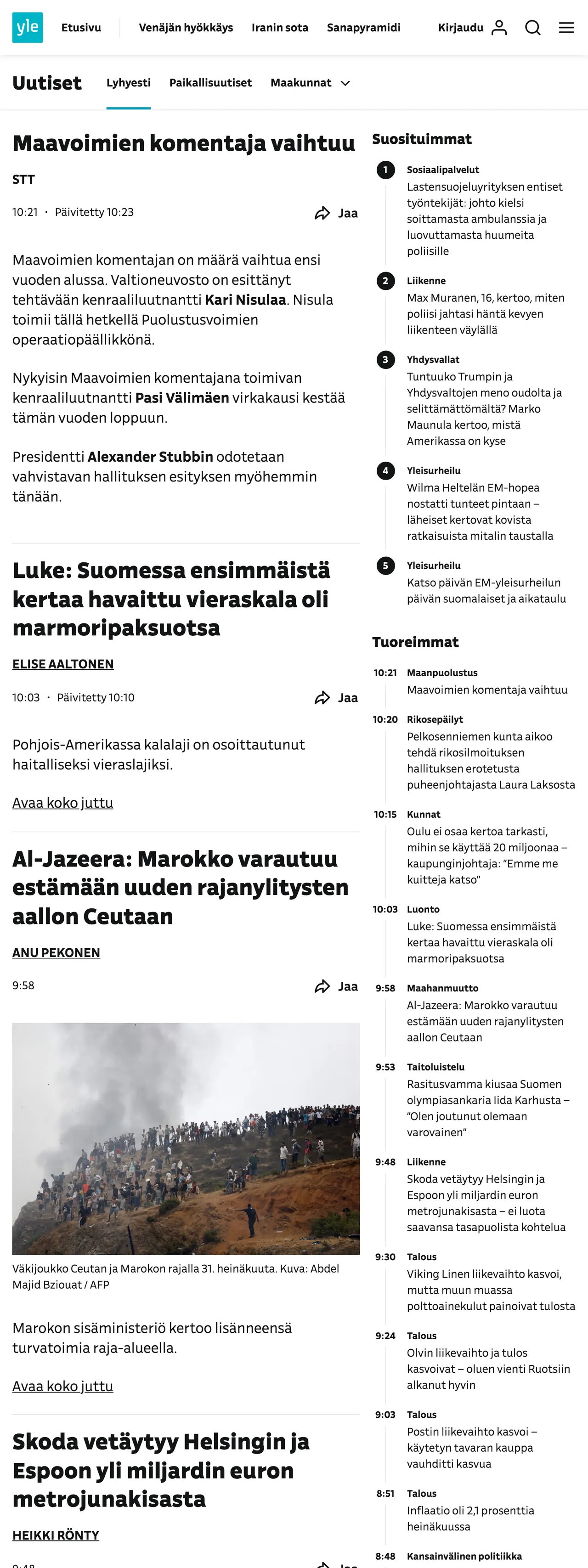 Screenshot of the Yle front page