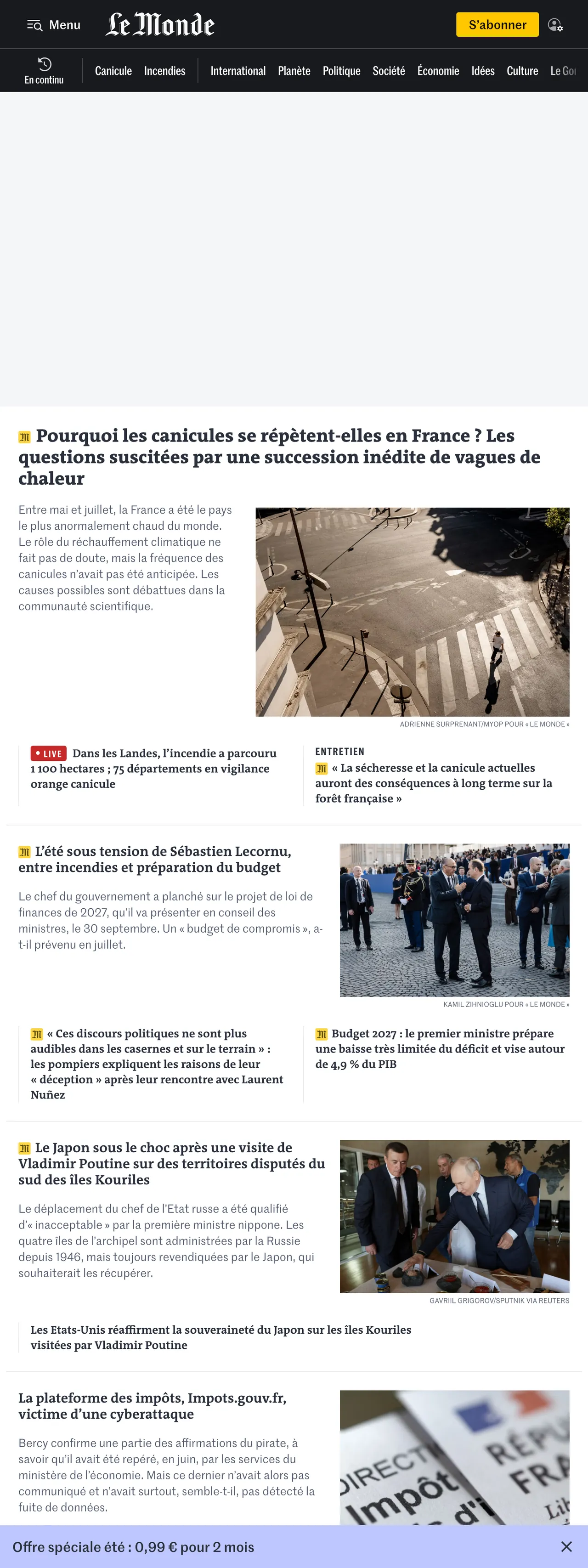 Screenshot of the Le Monde front page