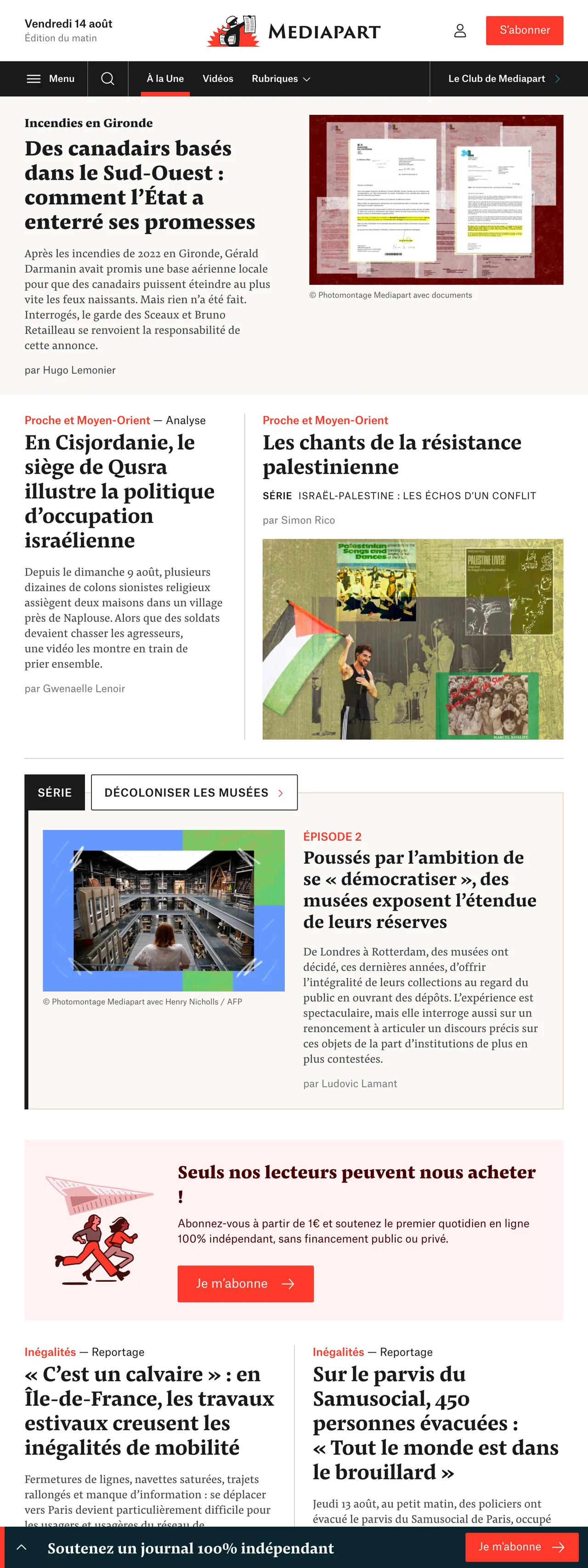 Screenshot of the Mediapart front page