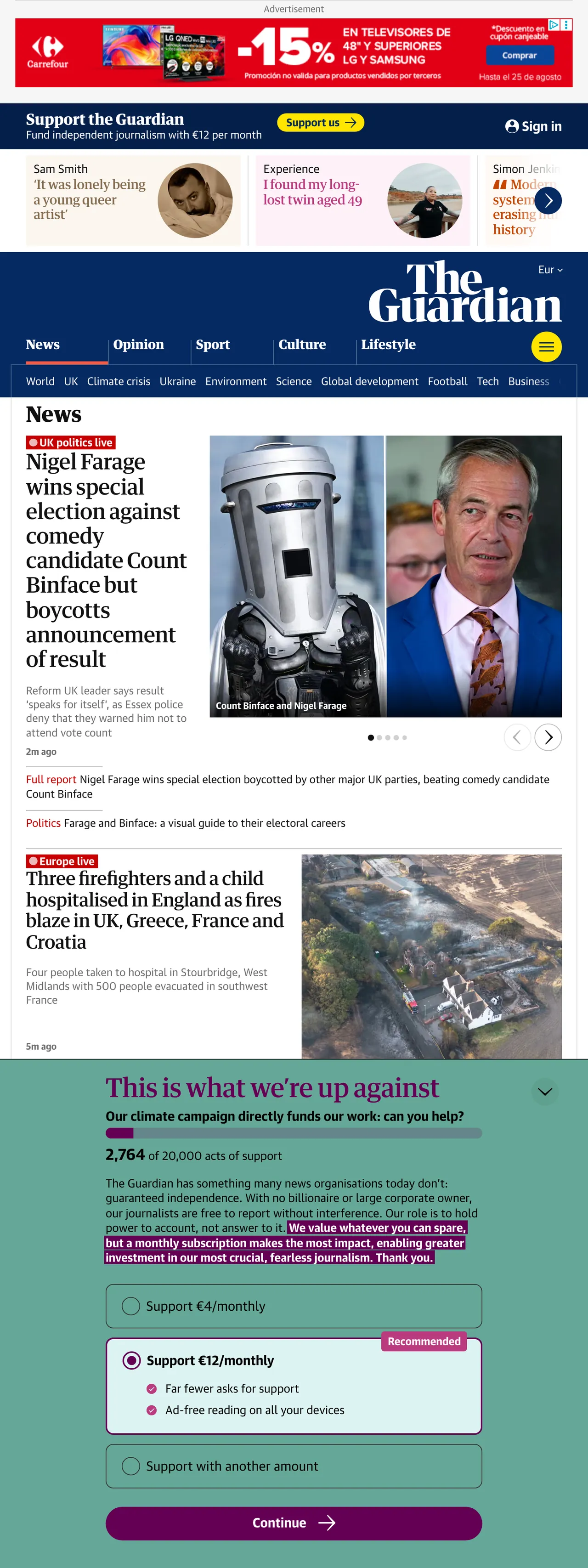 Screenshot of the The Guardian front page