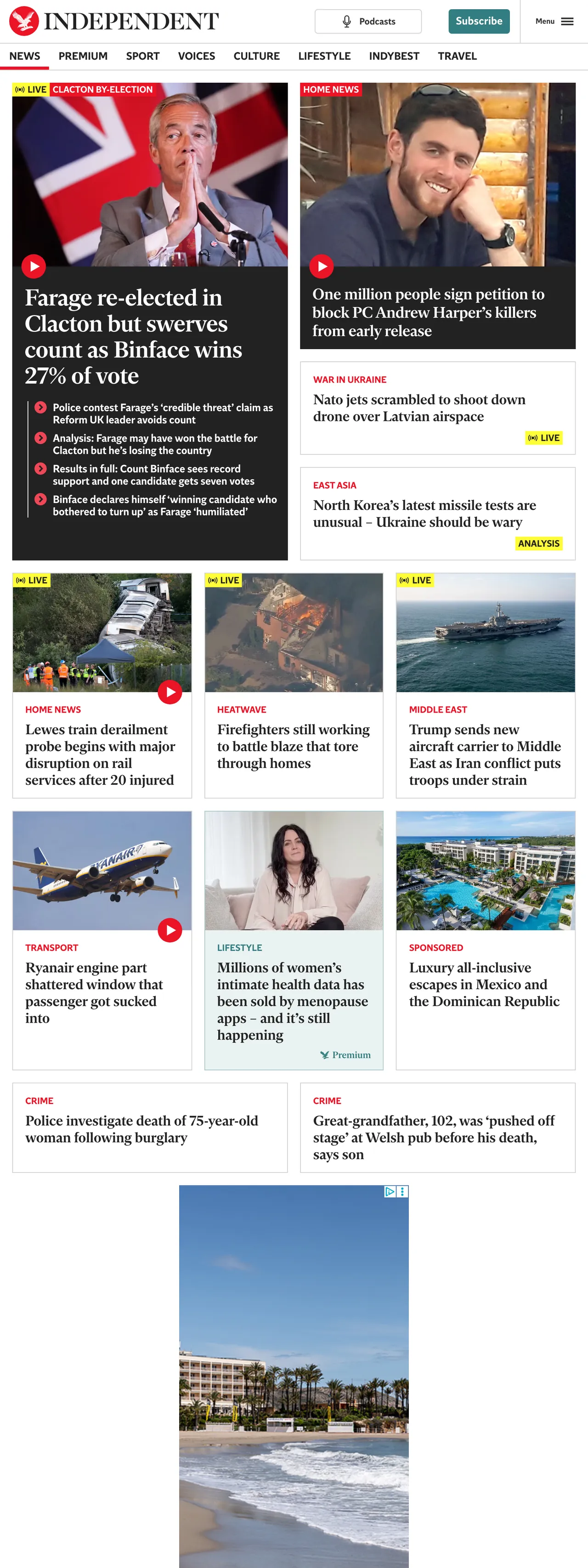 Screenshot of the The Independent front page