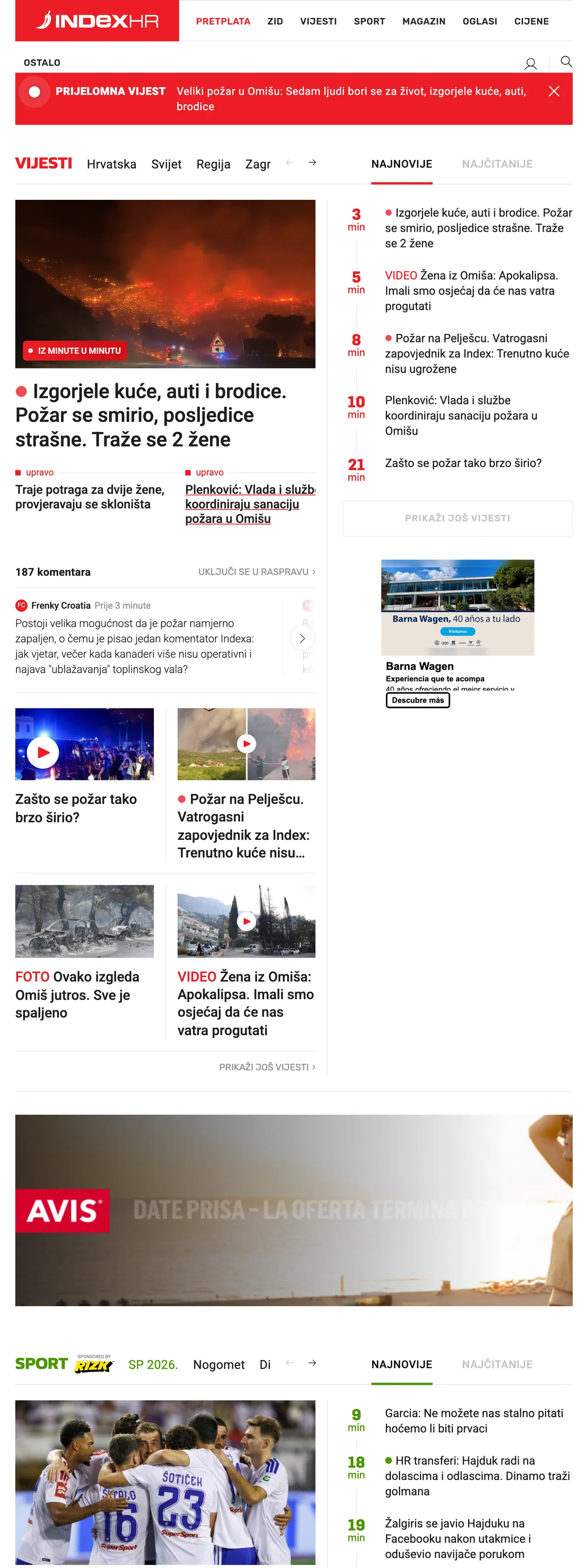 Screenshot of the Index.hr front page