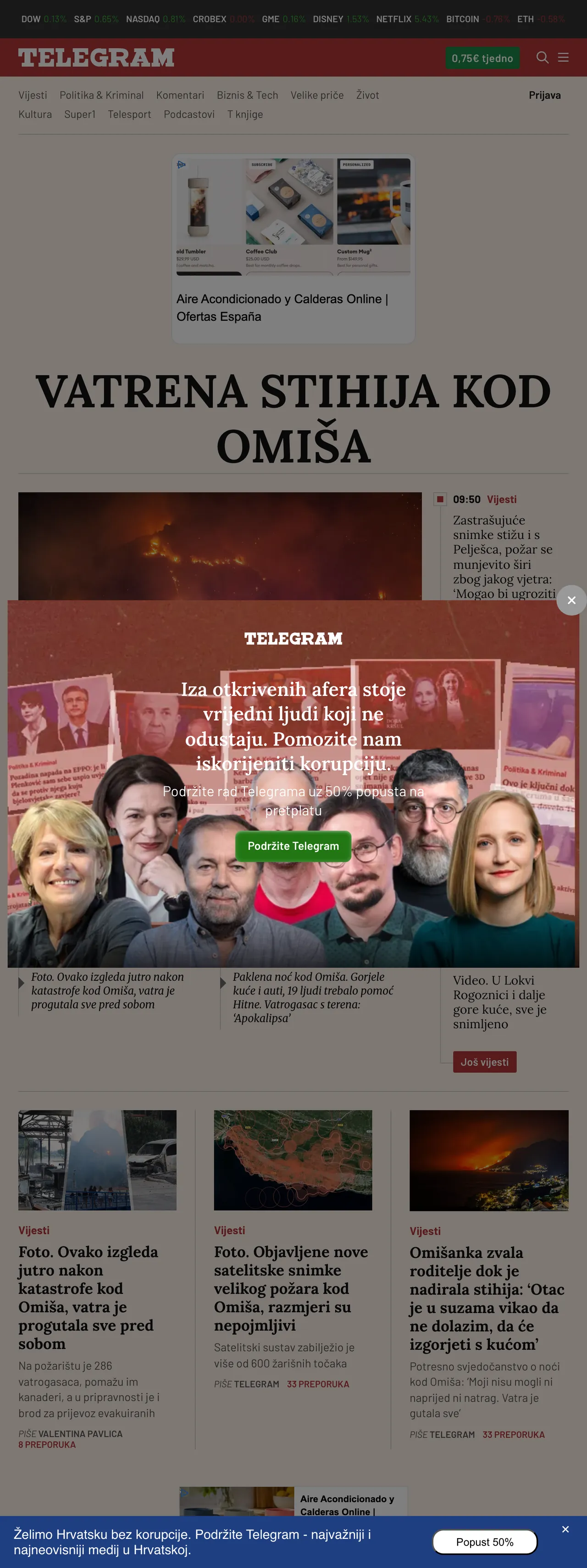 Screenshot of the Telegram.hr front page