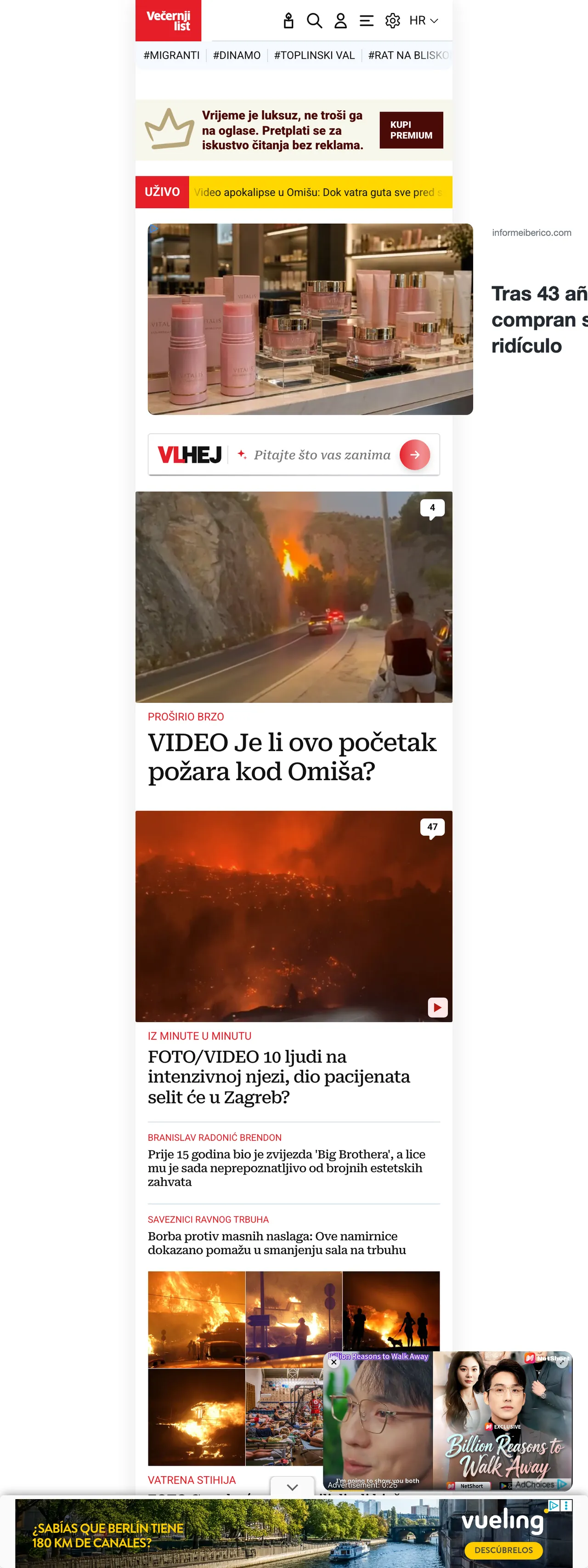Screenshot of the Večernji list front page