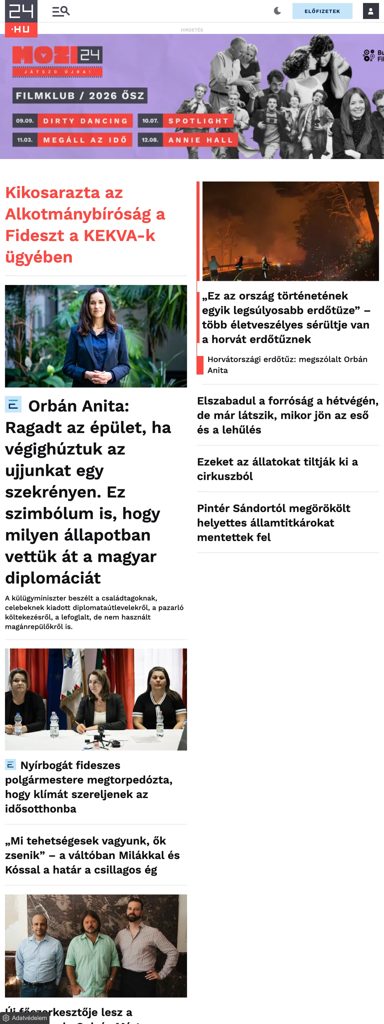 Screenshot of the 24.hu front page