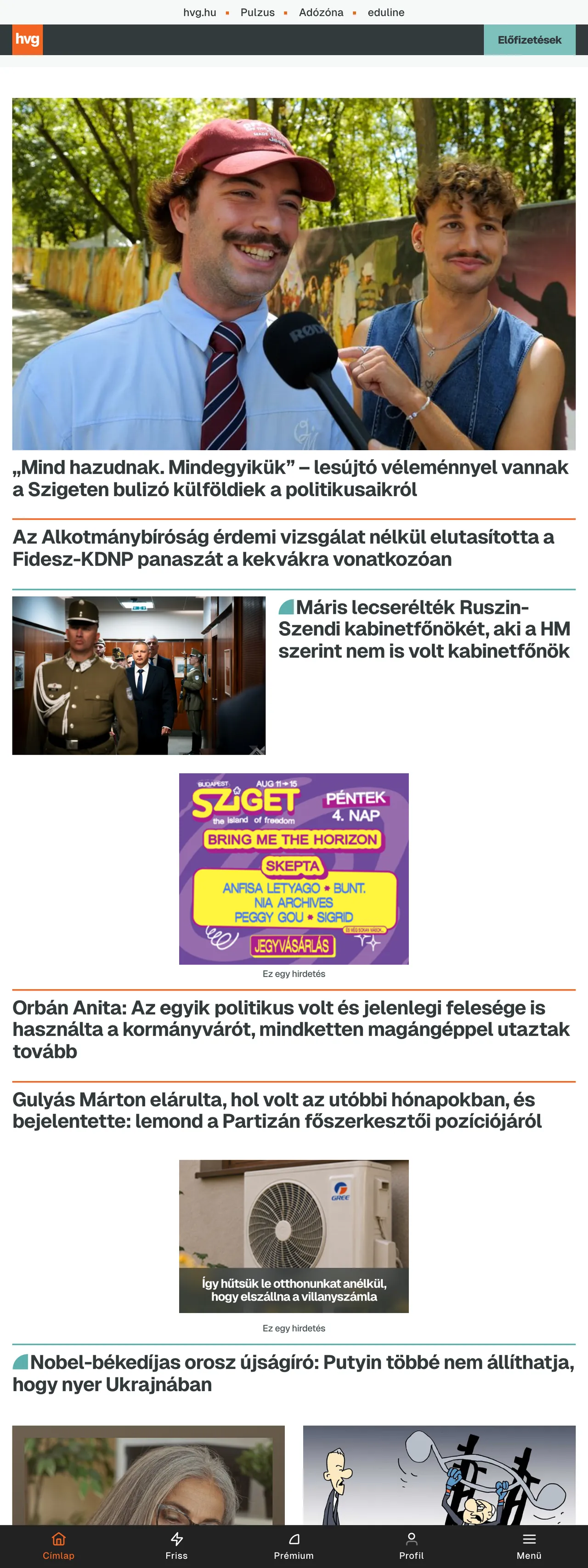 Screenshot of the HVG front page