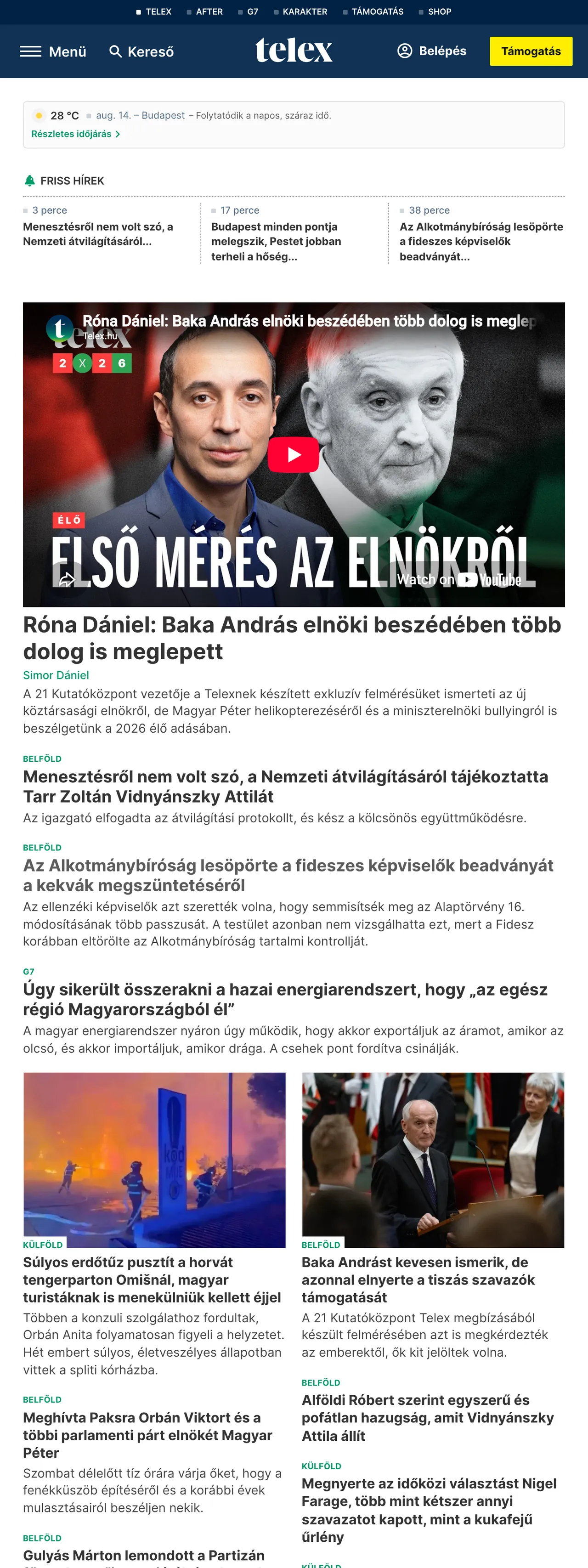 Screenshot of the Telex front page