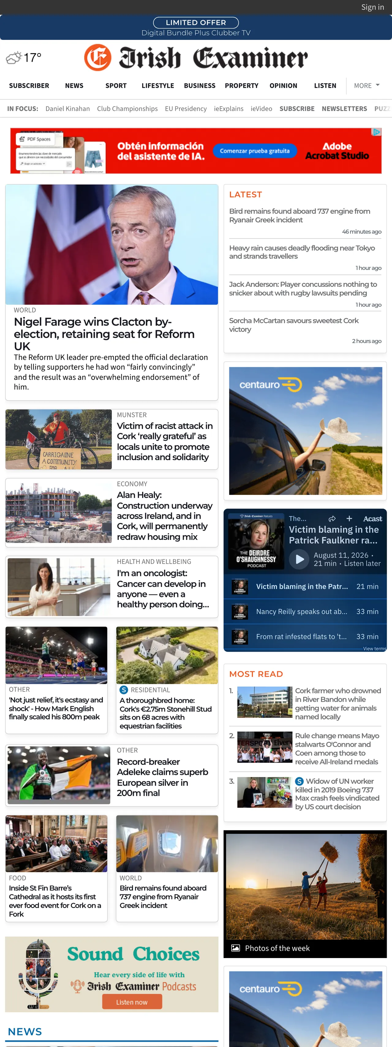 Screenshot of the Irish Examiner front page