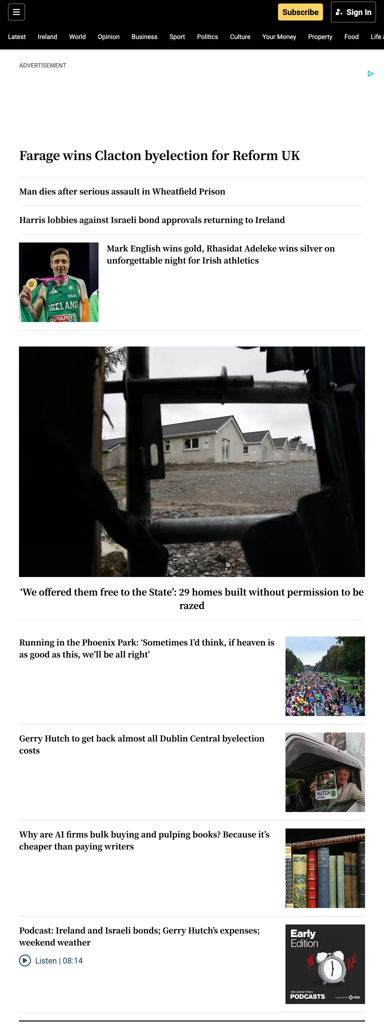 Screenshot of the The Irish Times front page