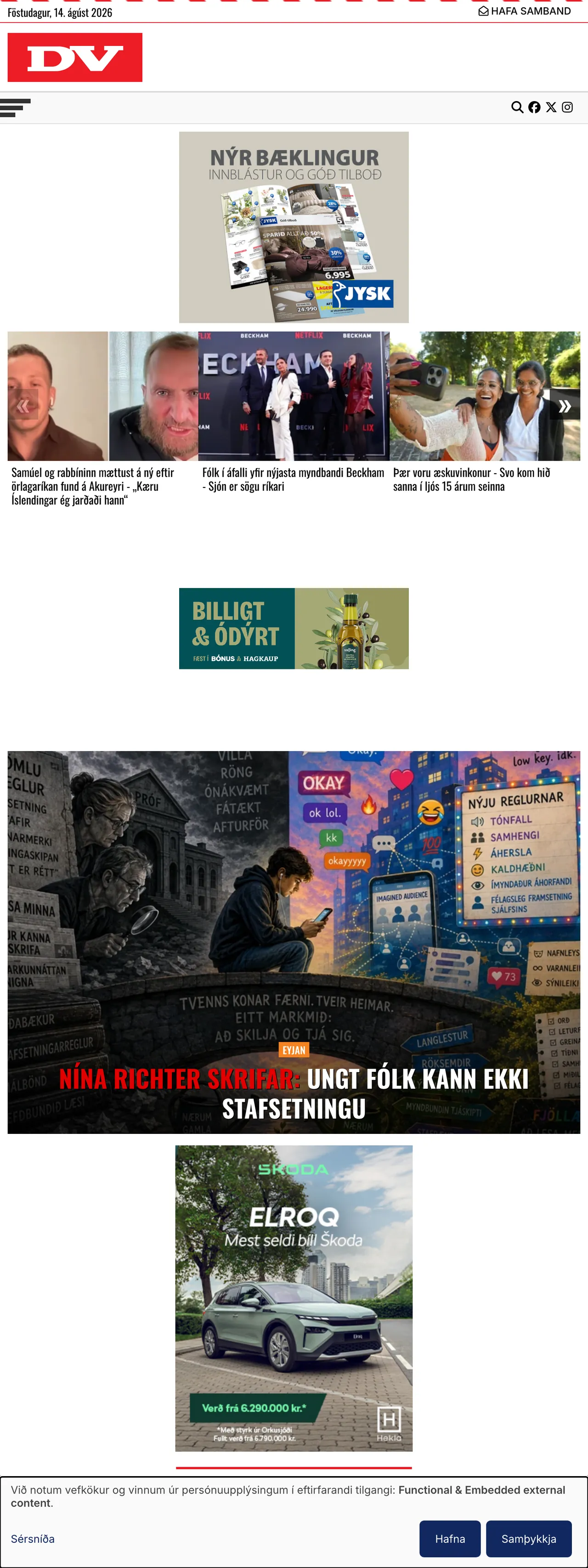 Screenshot of the DV front page