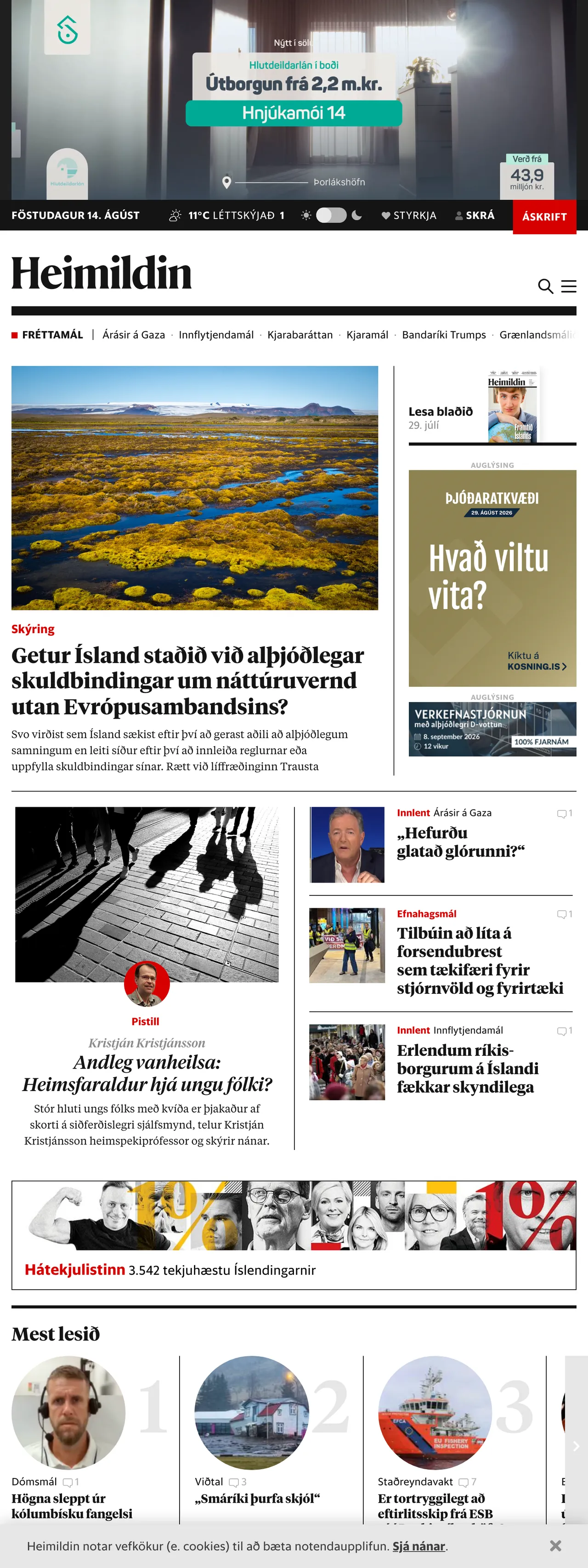 Screenshot of the Heimildin front page