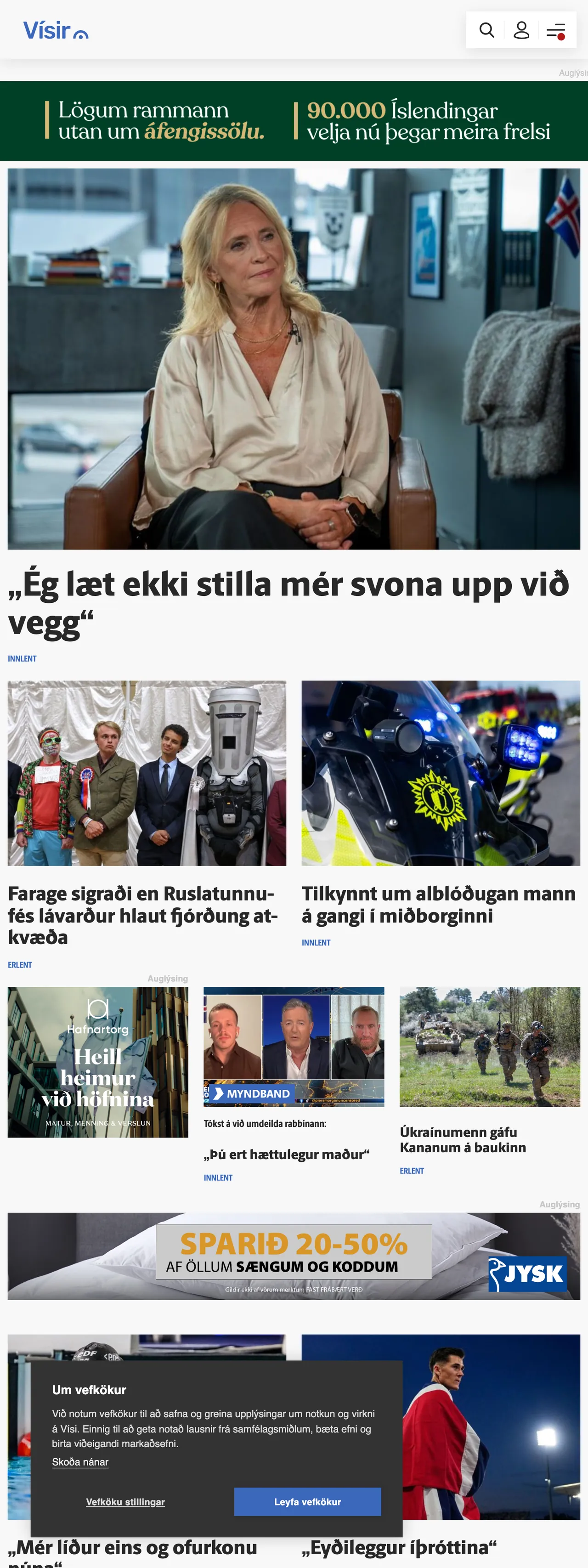 Screenshot of the Vísir front page