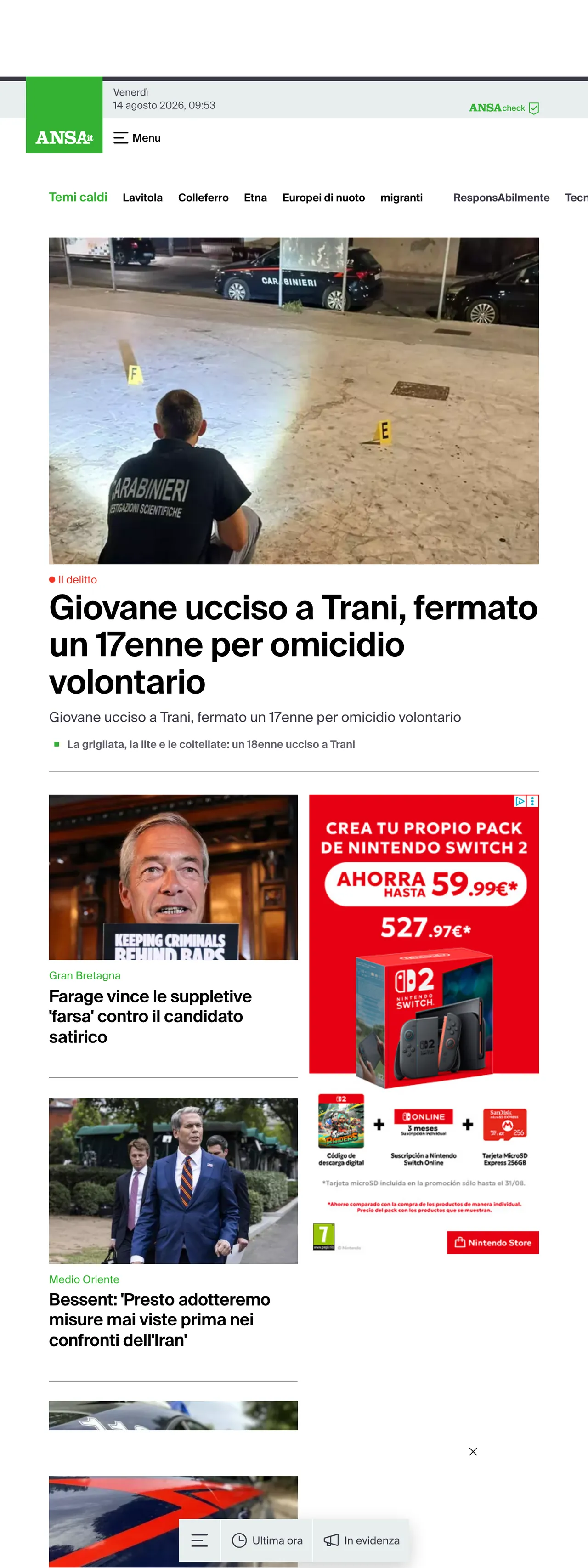 Screenshot of the ANSA front page