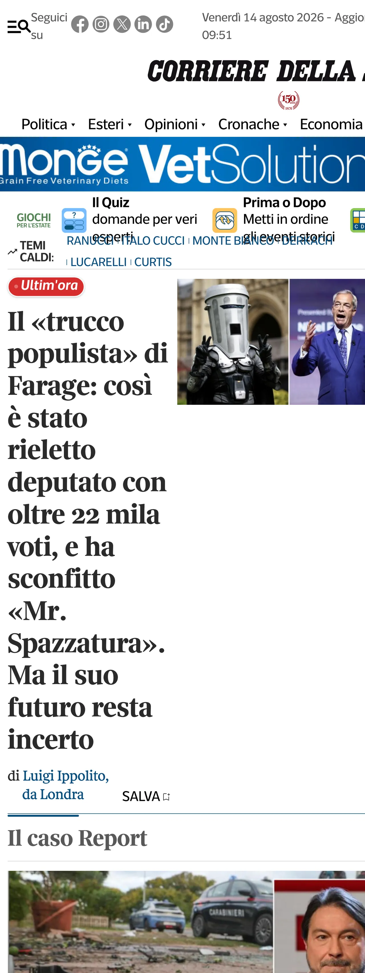 Screenshot of the Corriere della Sera front page