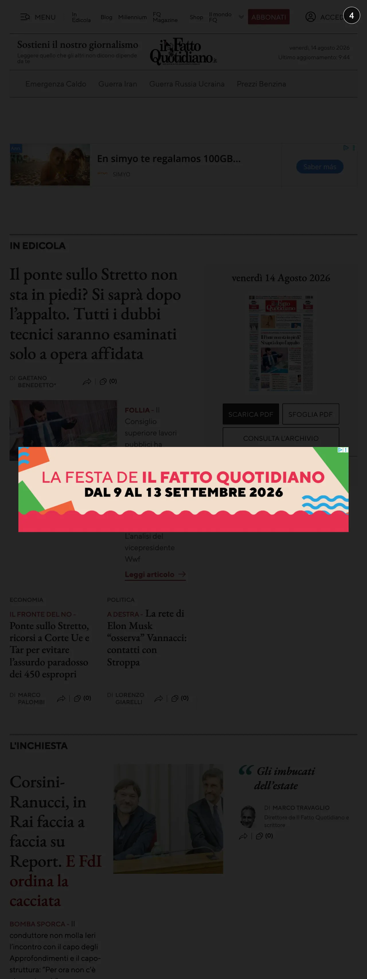 Screenshot of the Il Fatto Quotidiano front page
