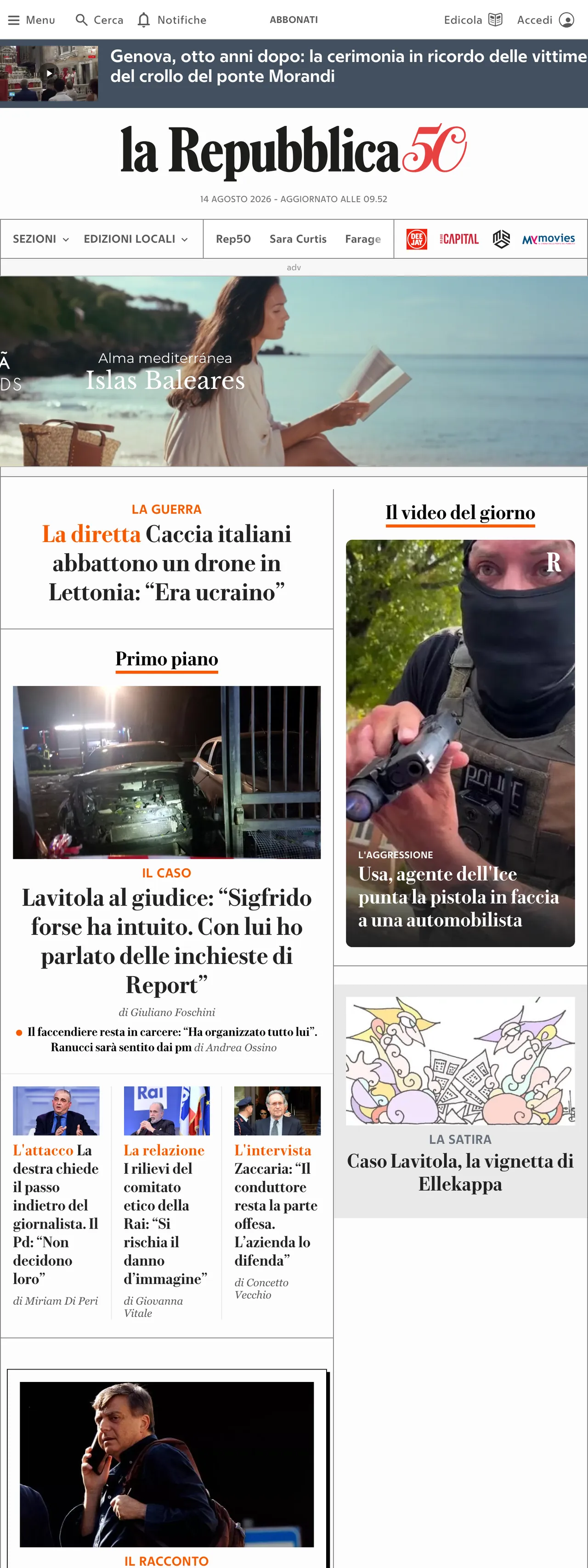Screenshot of the la Repubblica front page