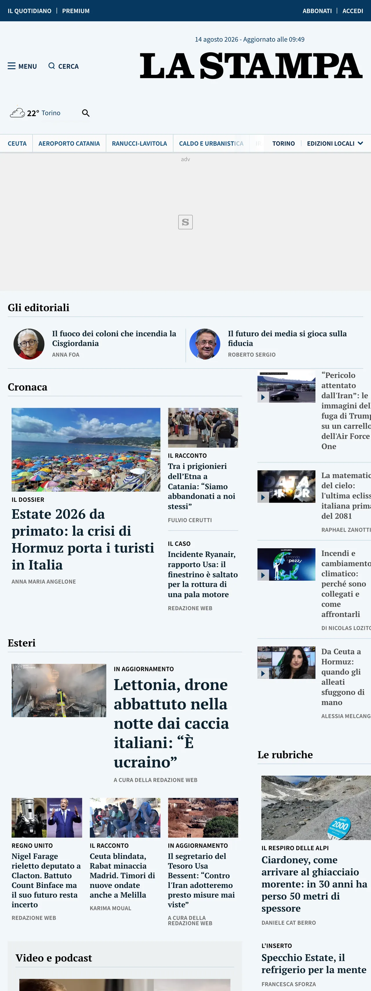 Screenshot of the La Stampa front page