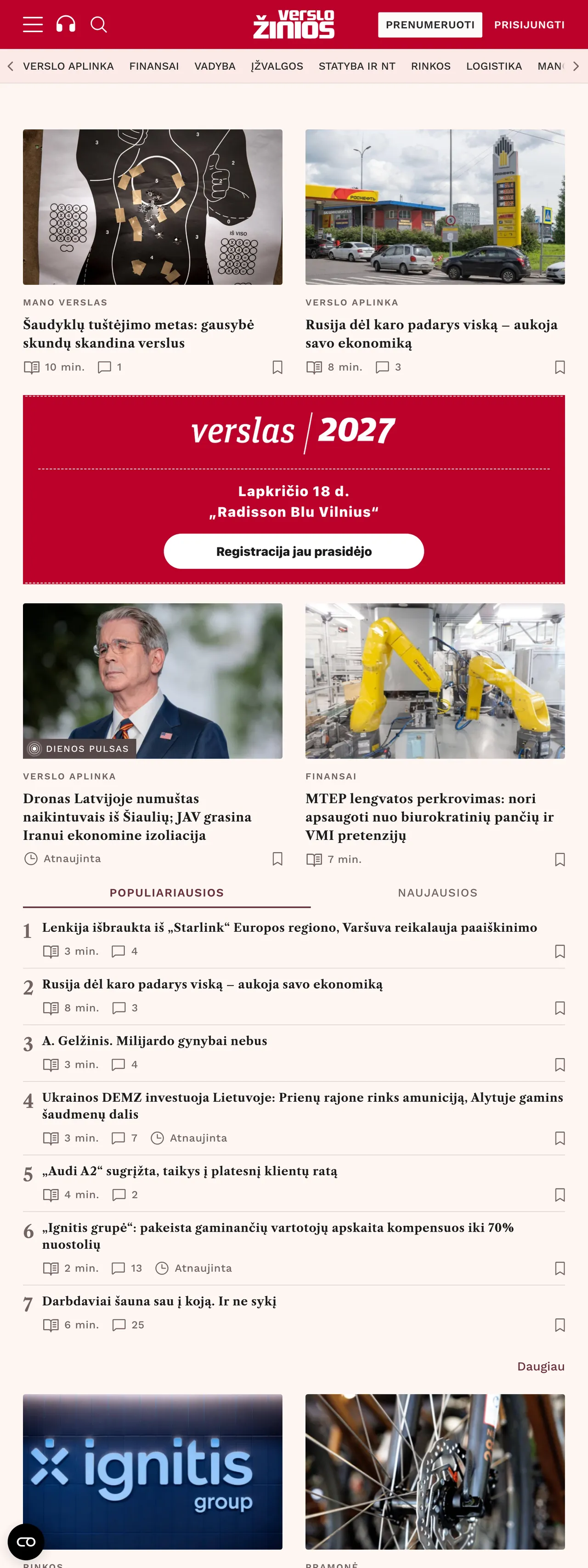 Screenshot of the Verslo žinios front page
