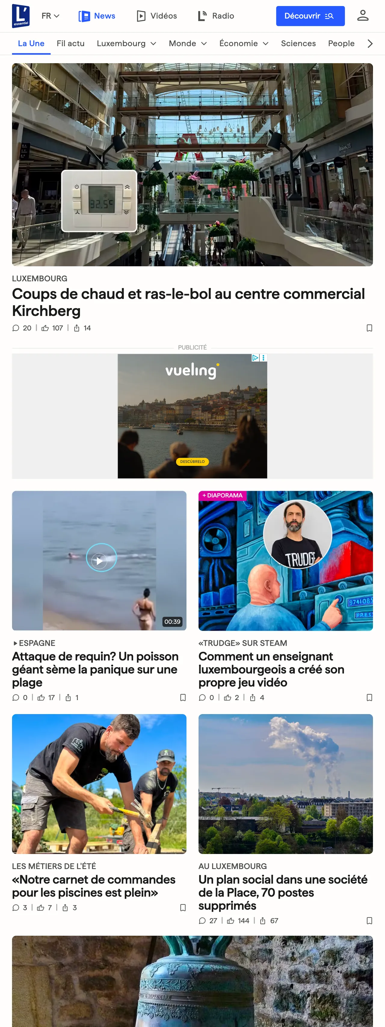 Screenshot of the L'essentiel front page