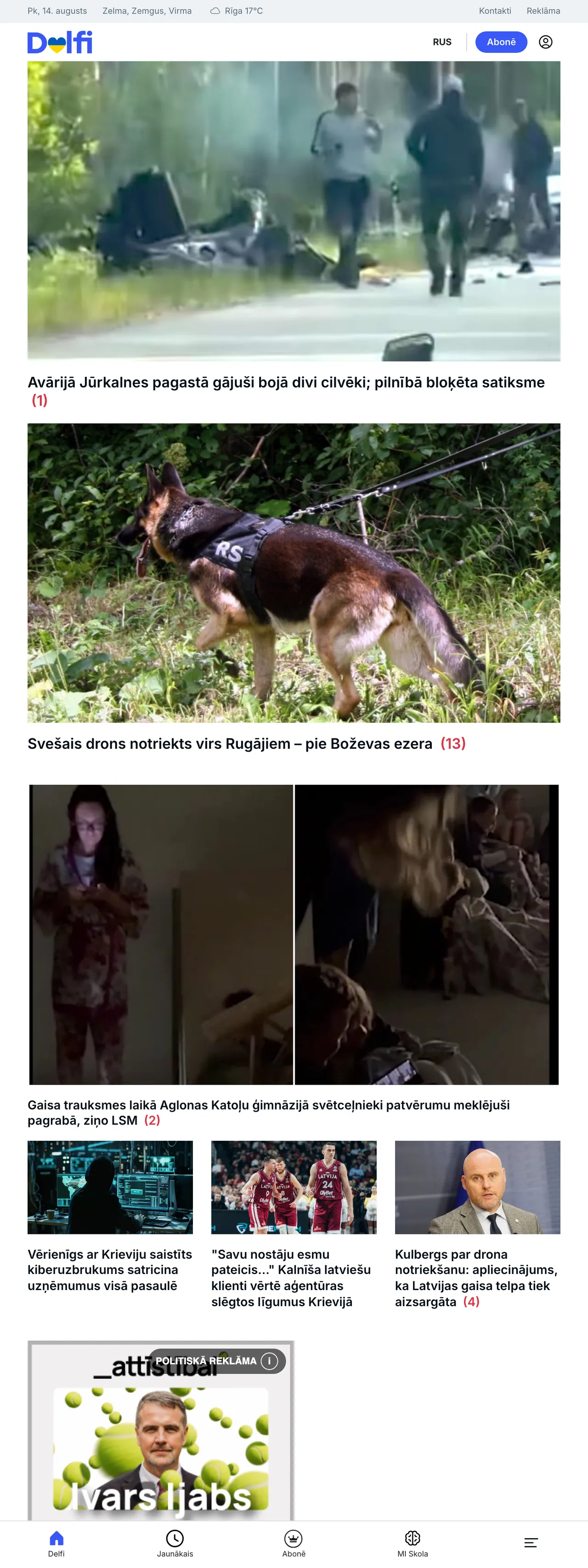 Screenshot of the Delfi front page