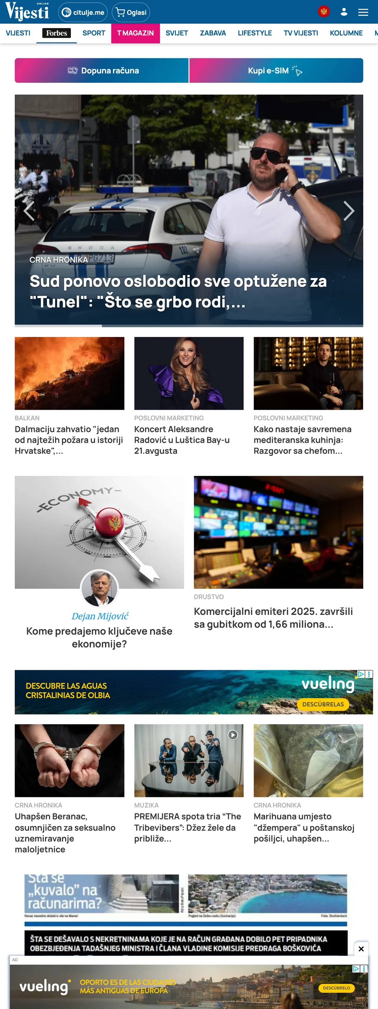Screenshot of the Vijesti front page