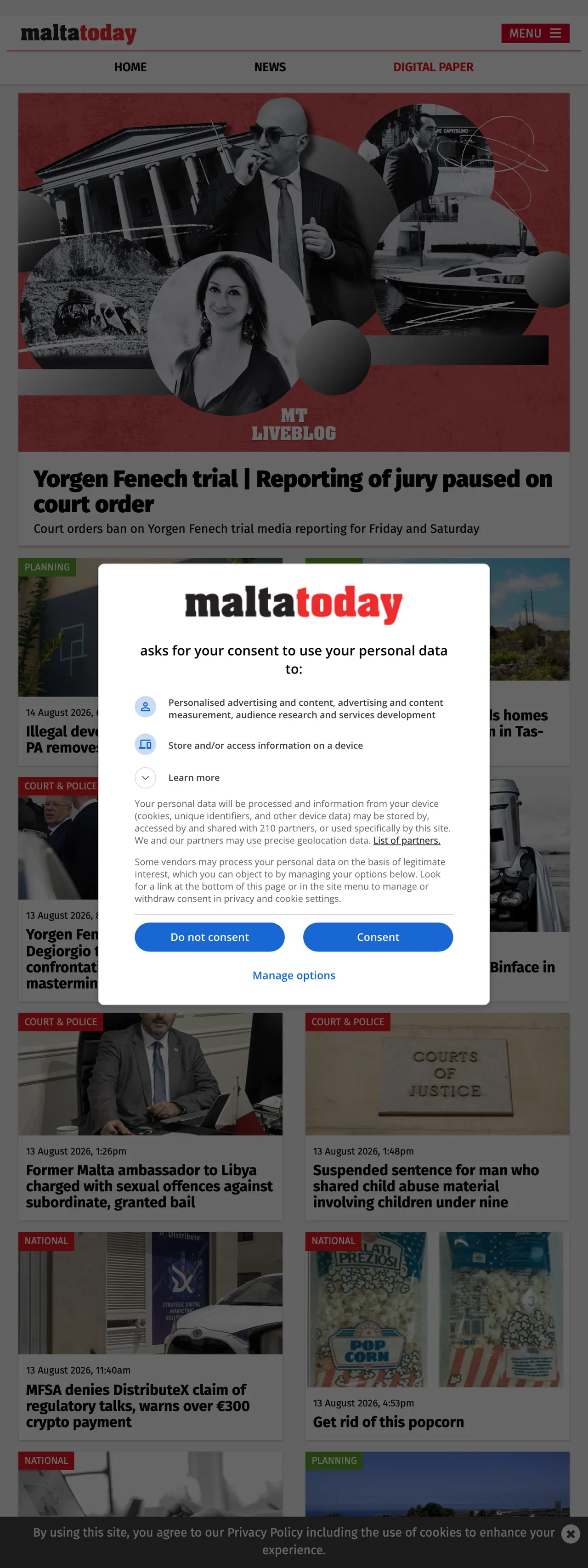 Screenshot of the Malta Today front page