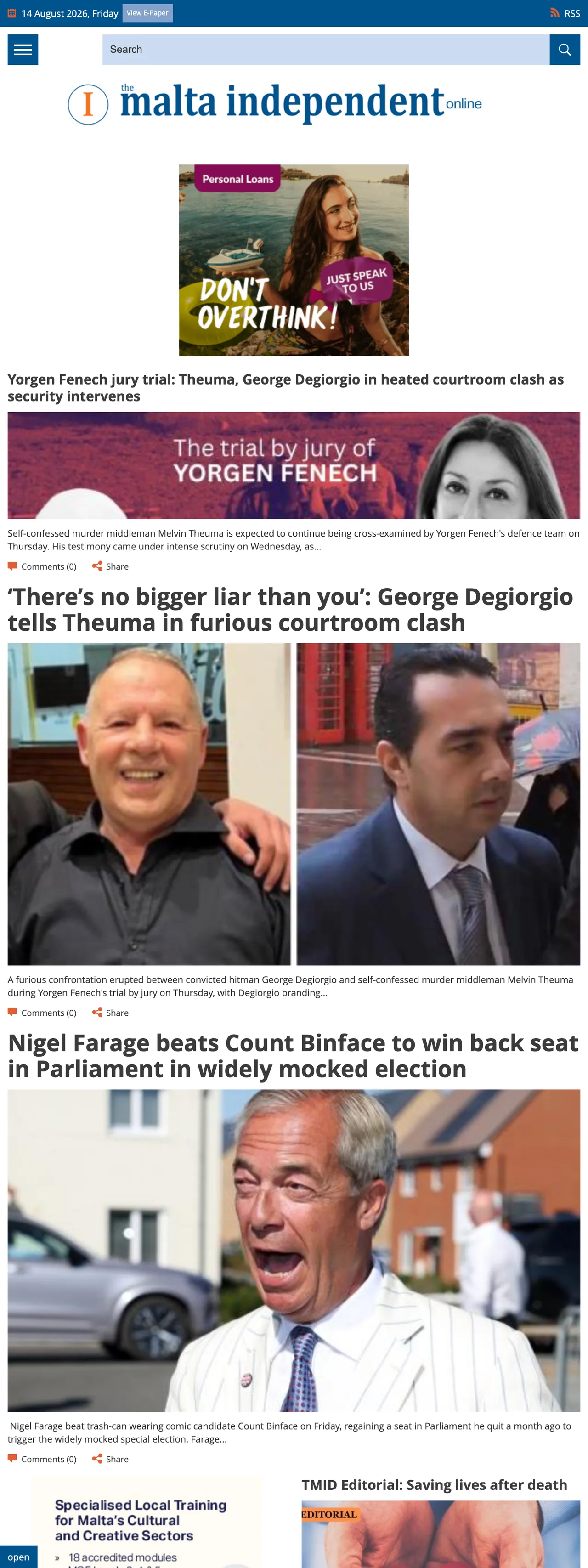 Screenshot of the The Malta Independent front page