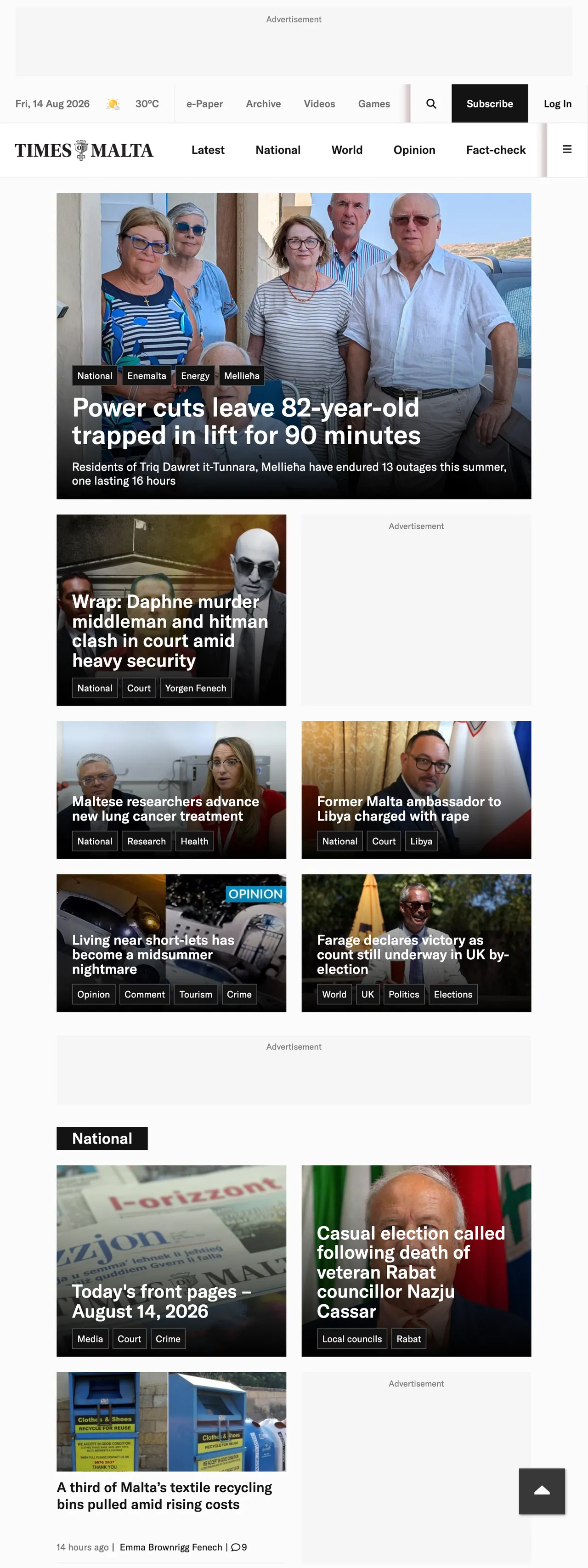 Screenshot of the Times of Malta front page
