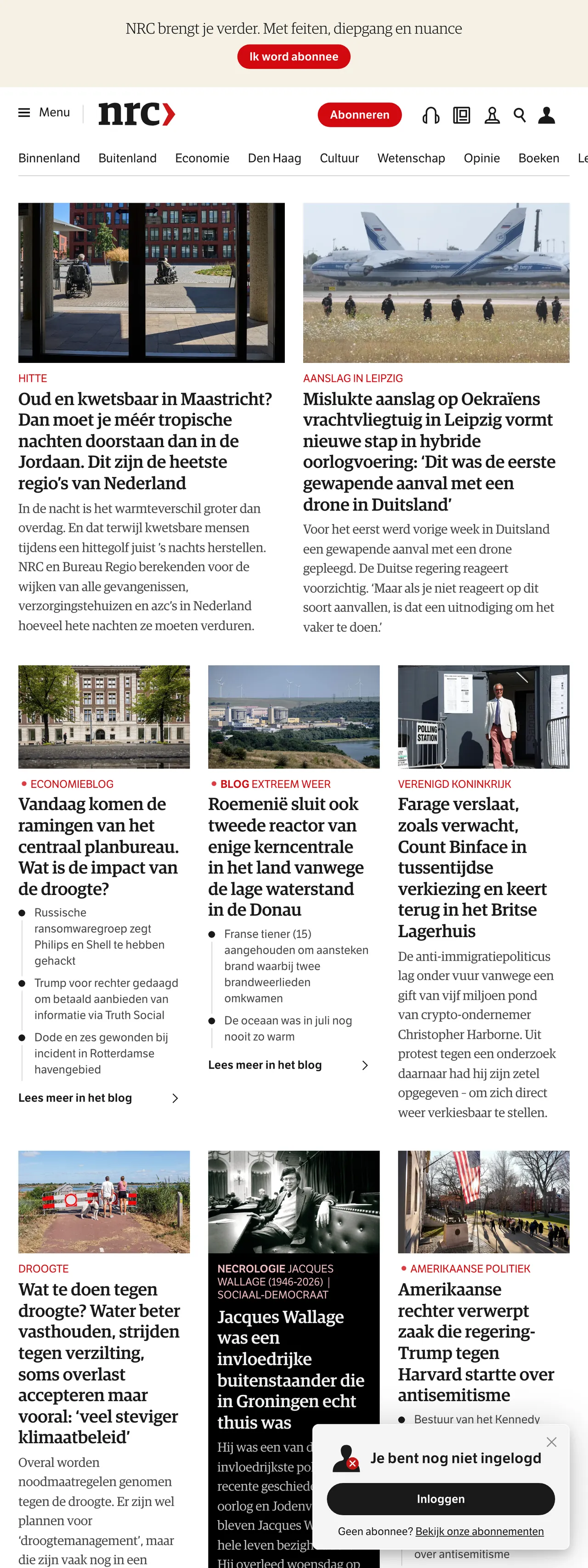Screenshot of the NRC front page