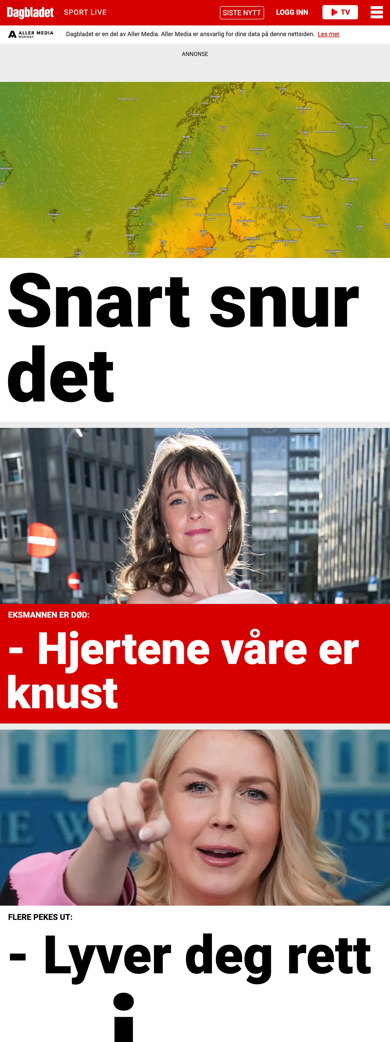 Screenshot of the Dagbladet front page