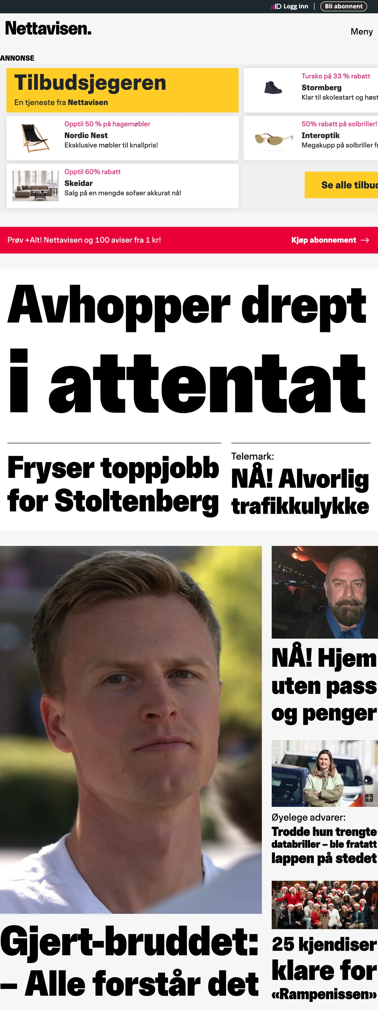 Screenshot of the Nettavisen front page