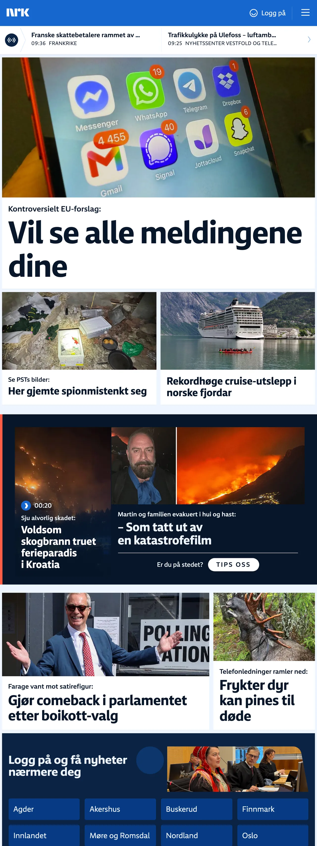 Screenshot of the NRK front page