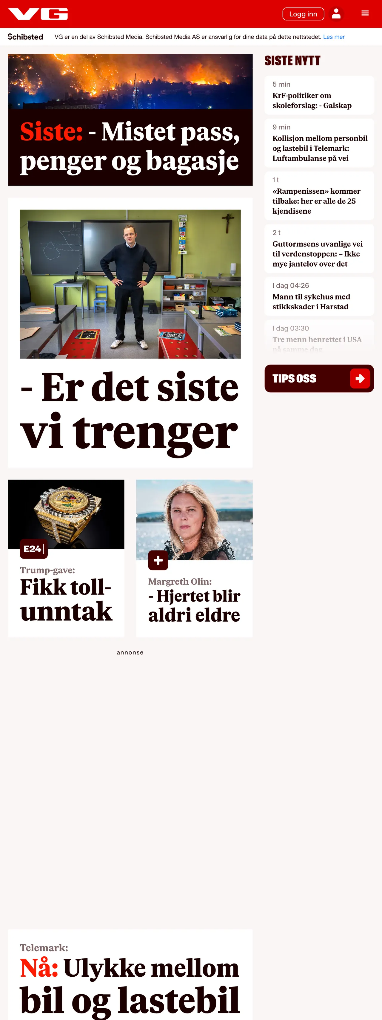 Screenshot of the VG front page
