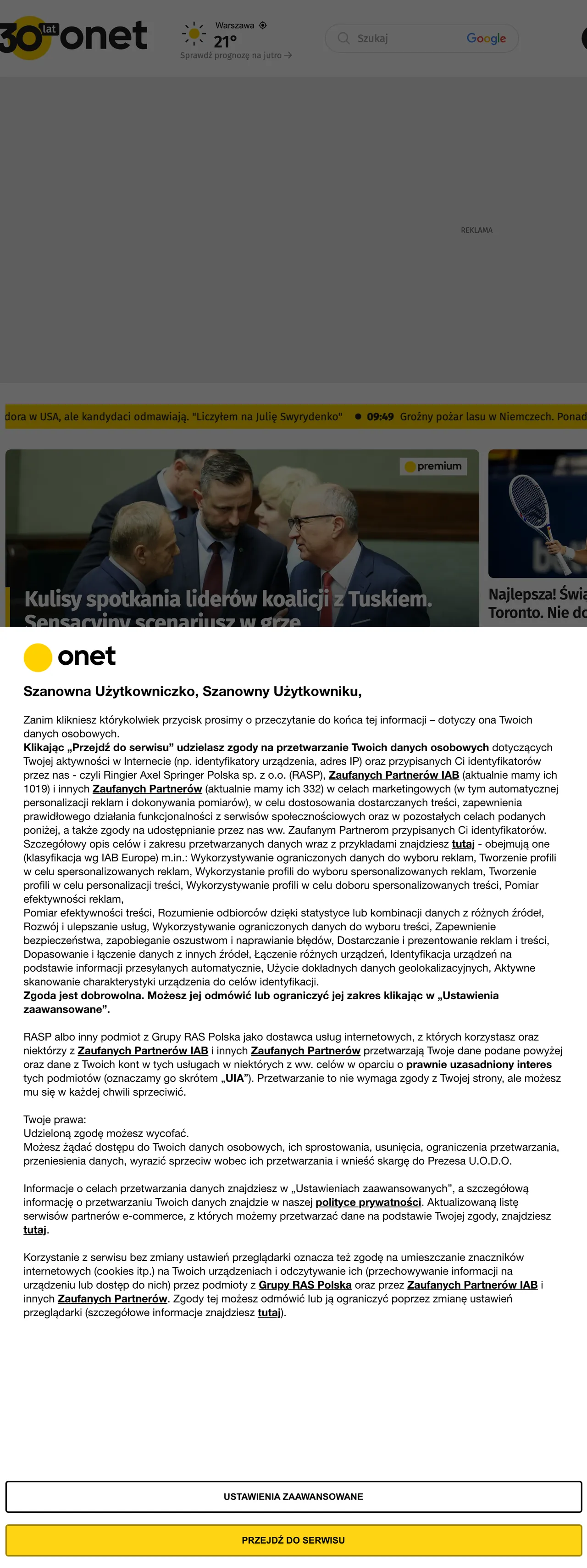Screenshot of the Onet front page