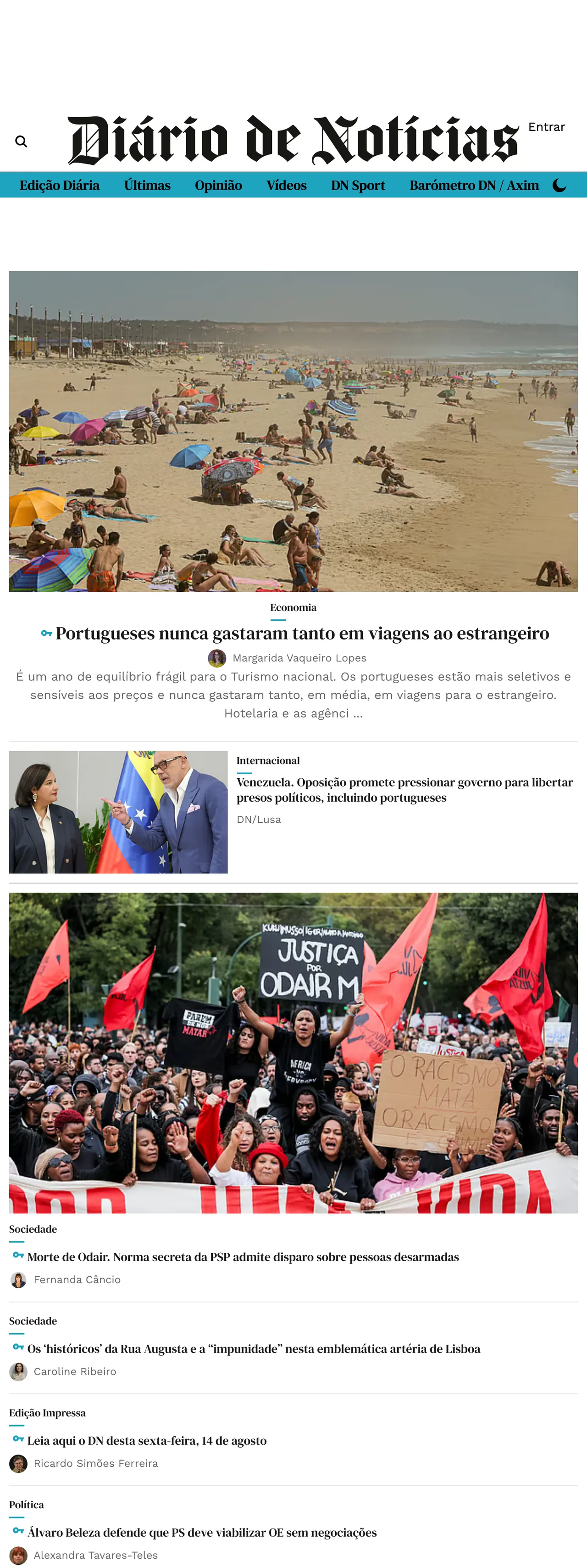 Screenshot of the Diário de Notícias front page
