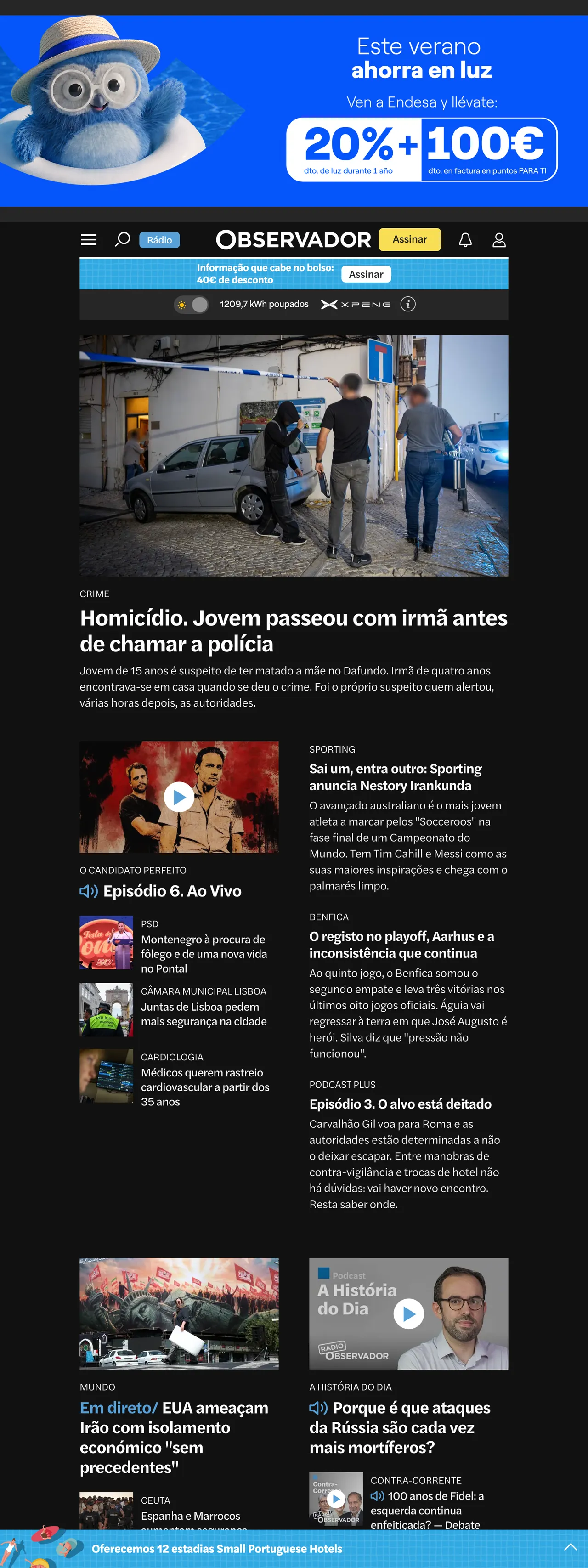 Screenshot of the Observador front page
