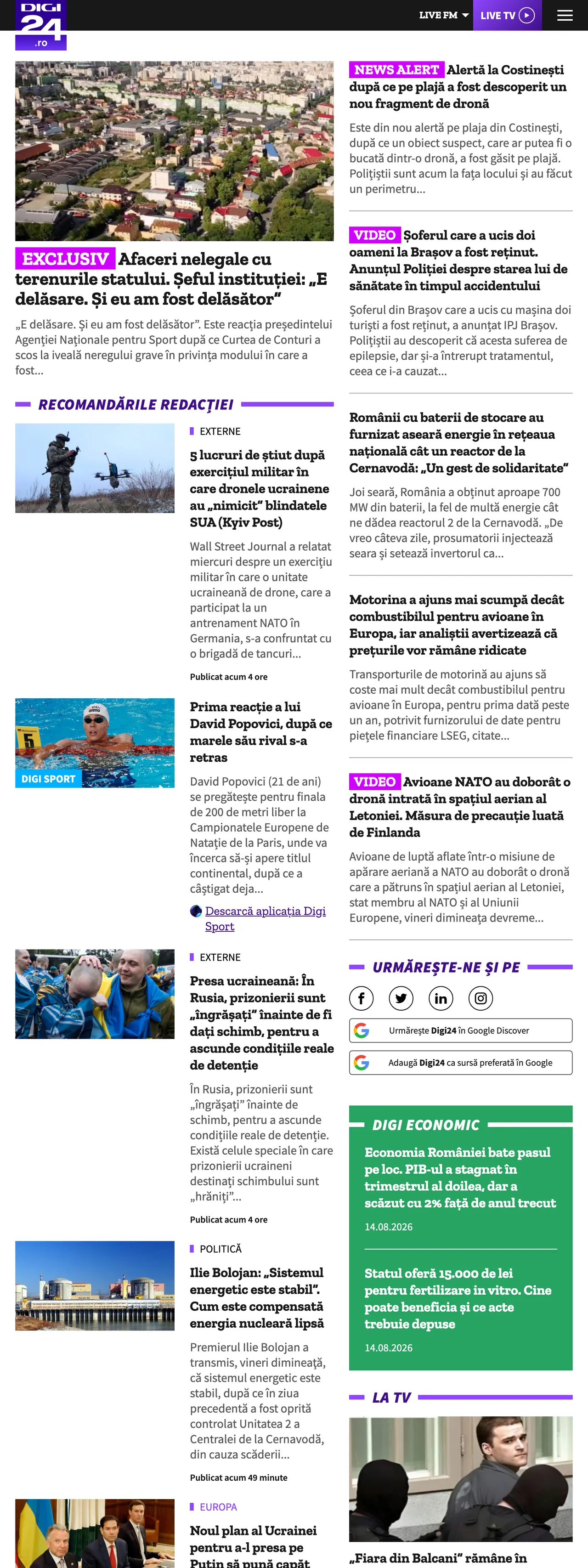 Screenshot of the Digi24 front page