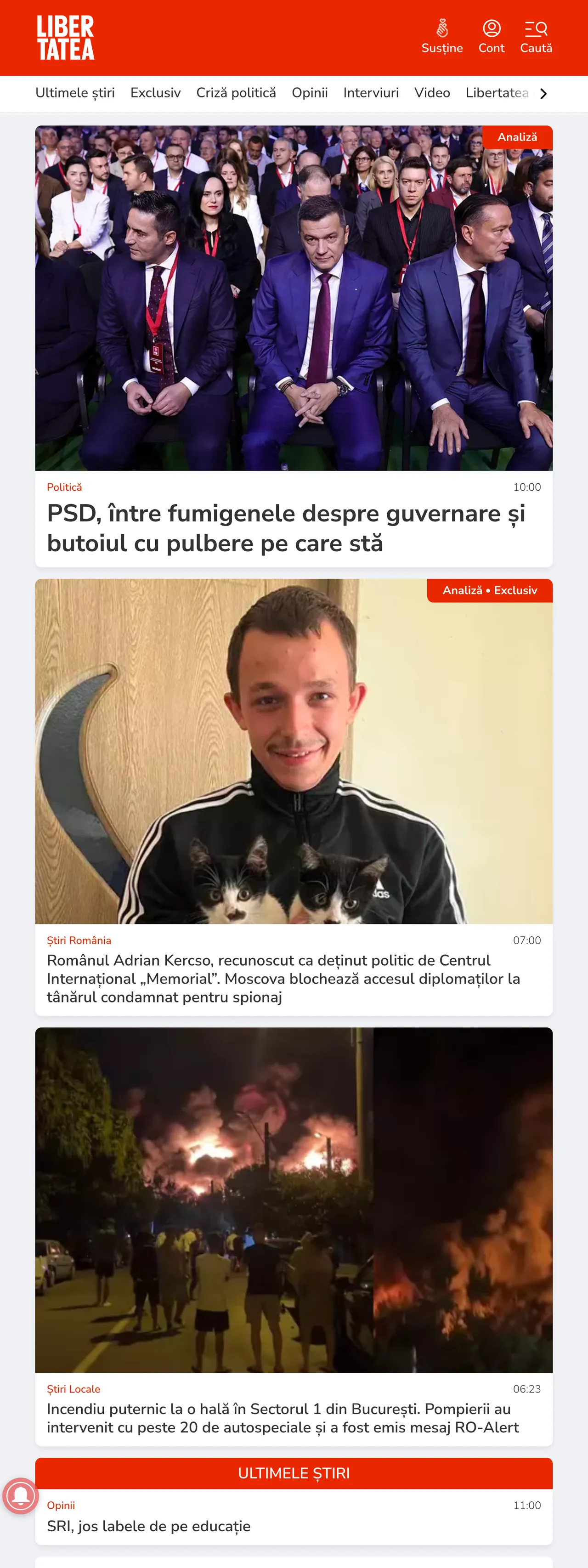 Screenshot of the Libertatea front page