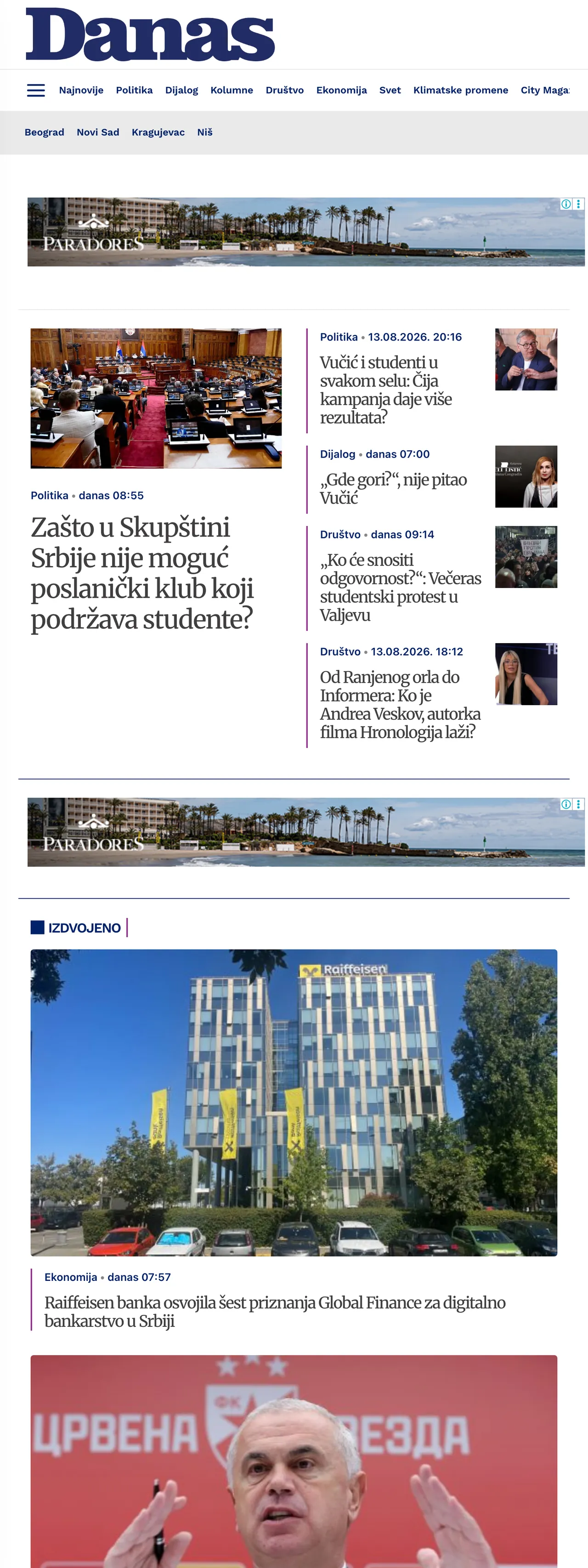 Screenshot of the Danas front page