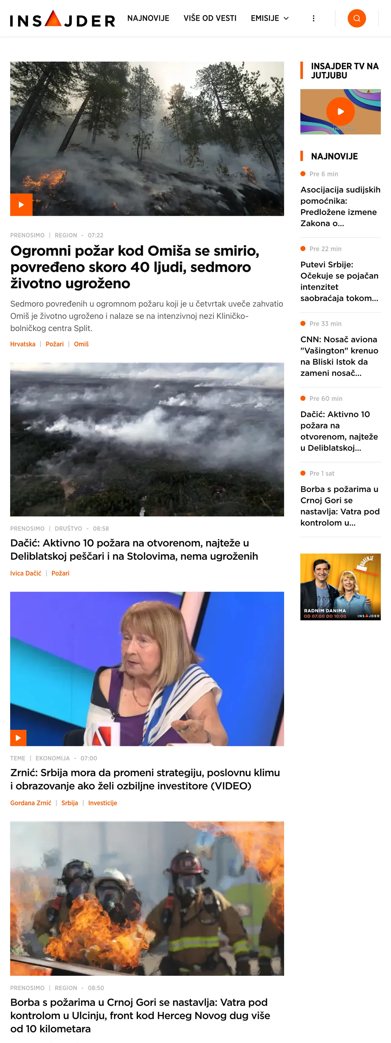 Screenshot of the Insajder front page
