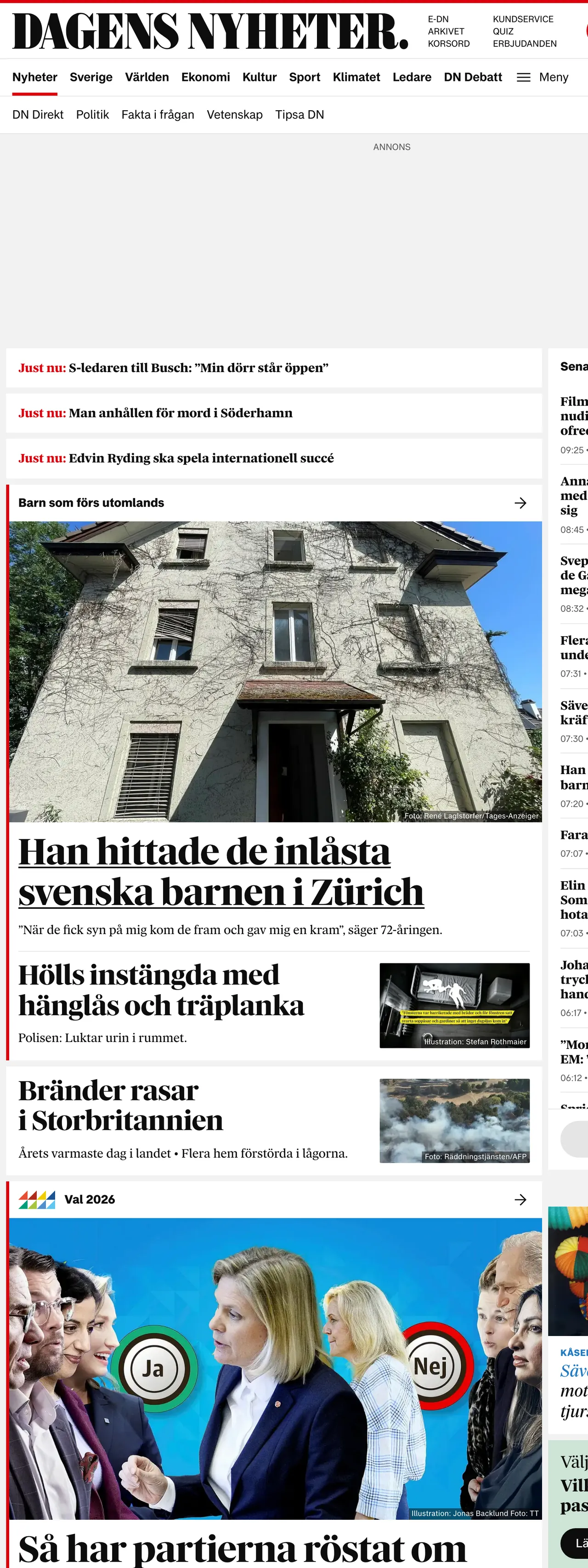 Screenshot of the Dagens Nyheter front page